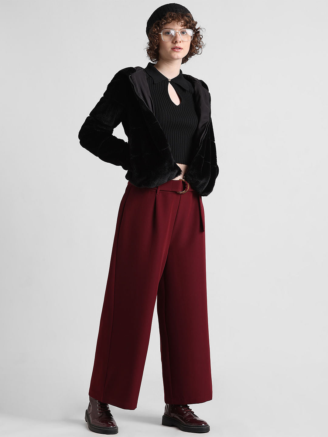 Maroon Mid Rise Belted Culottes