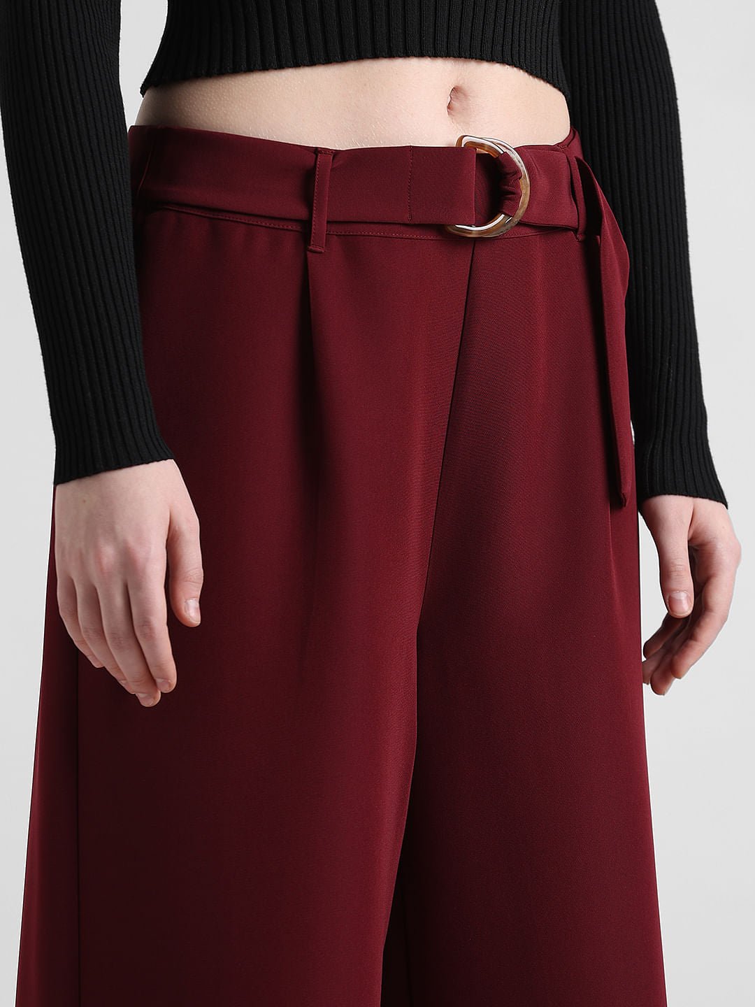 Maroon Mid Rise Belted Culottes