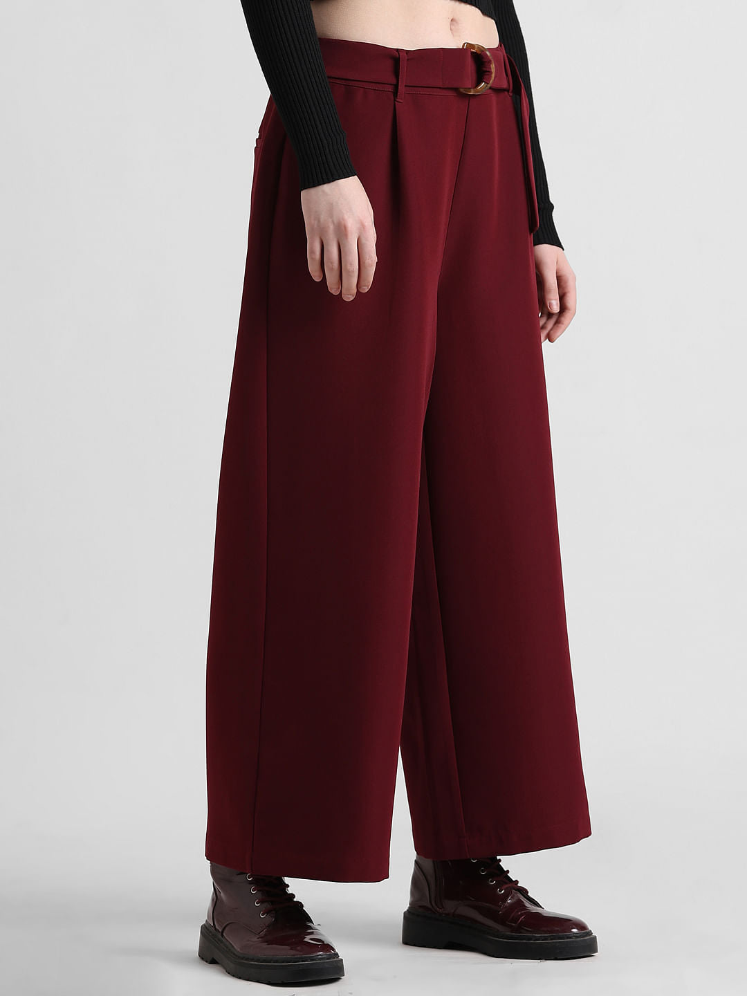 Maroon Mid Rise Belted Culottes