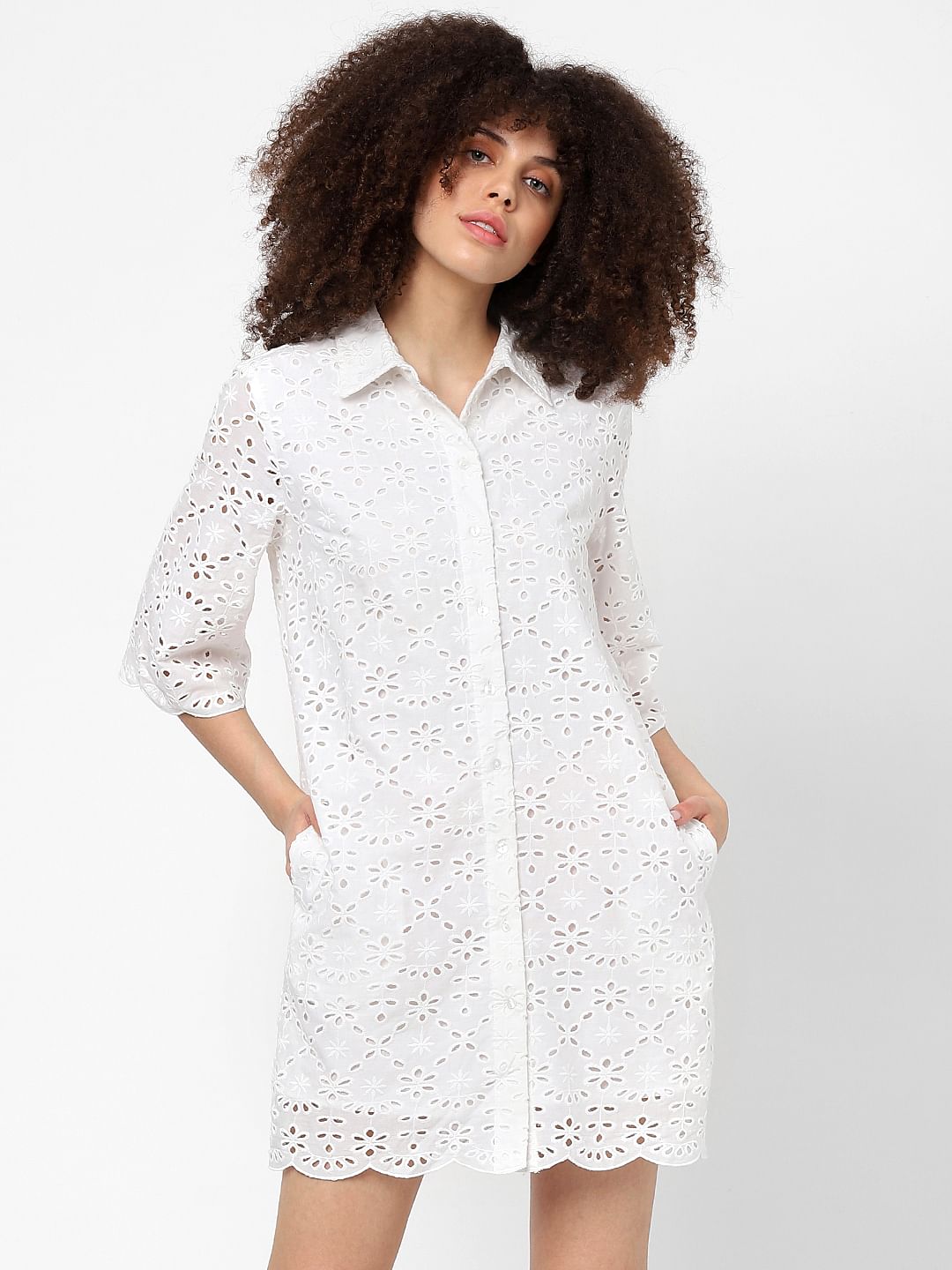 White Schiffli Shirt Dress