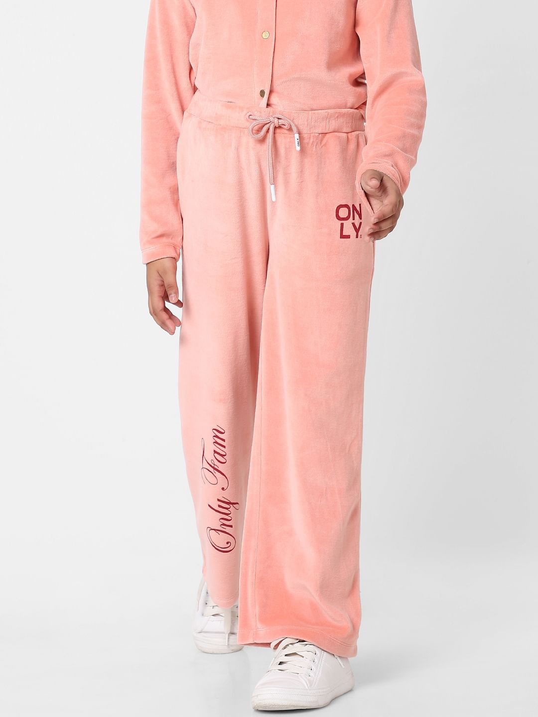 Girls Pink Mid Rise Velvet Wide Leg Co-Ord Pants