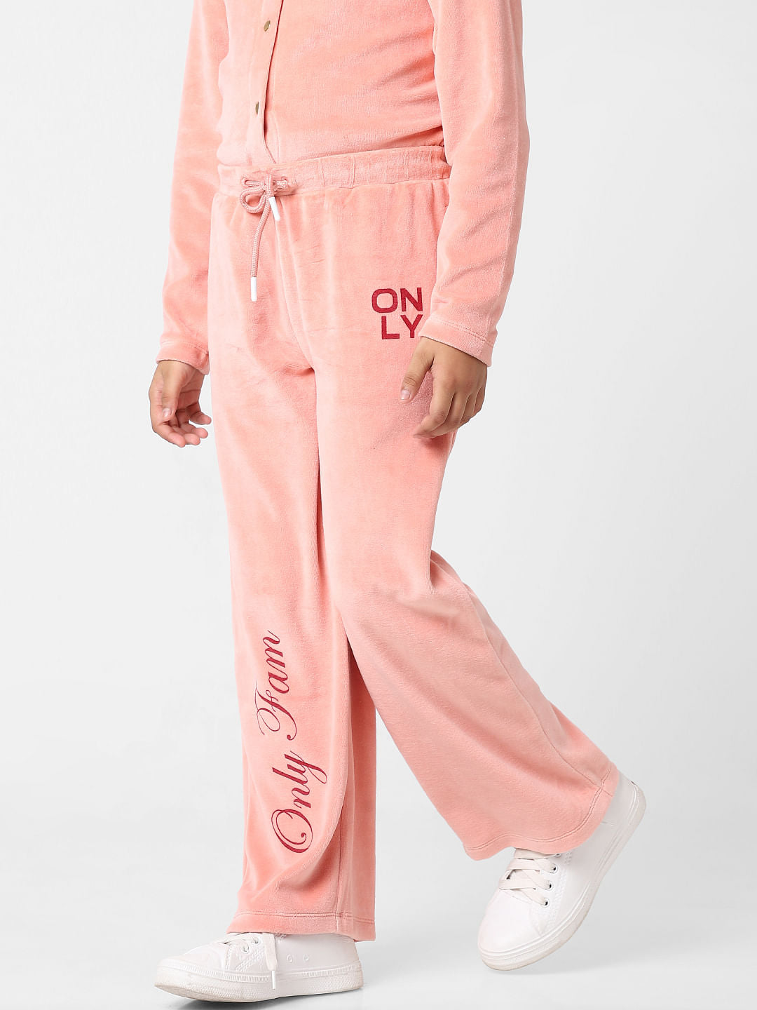 Girls Pink Mid Rise Velvet Wide Leg Co-Ord Pants