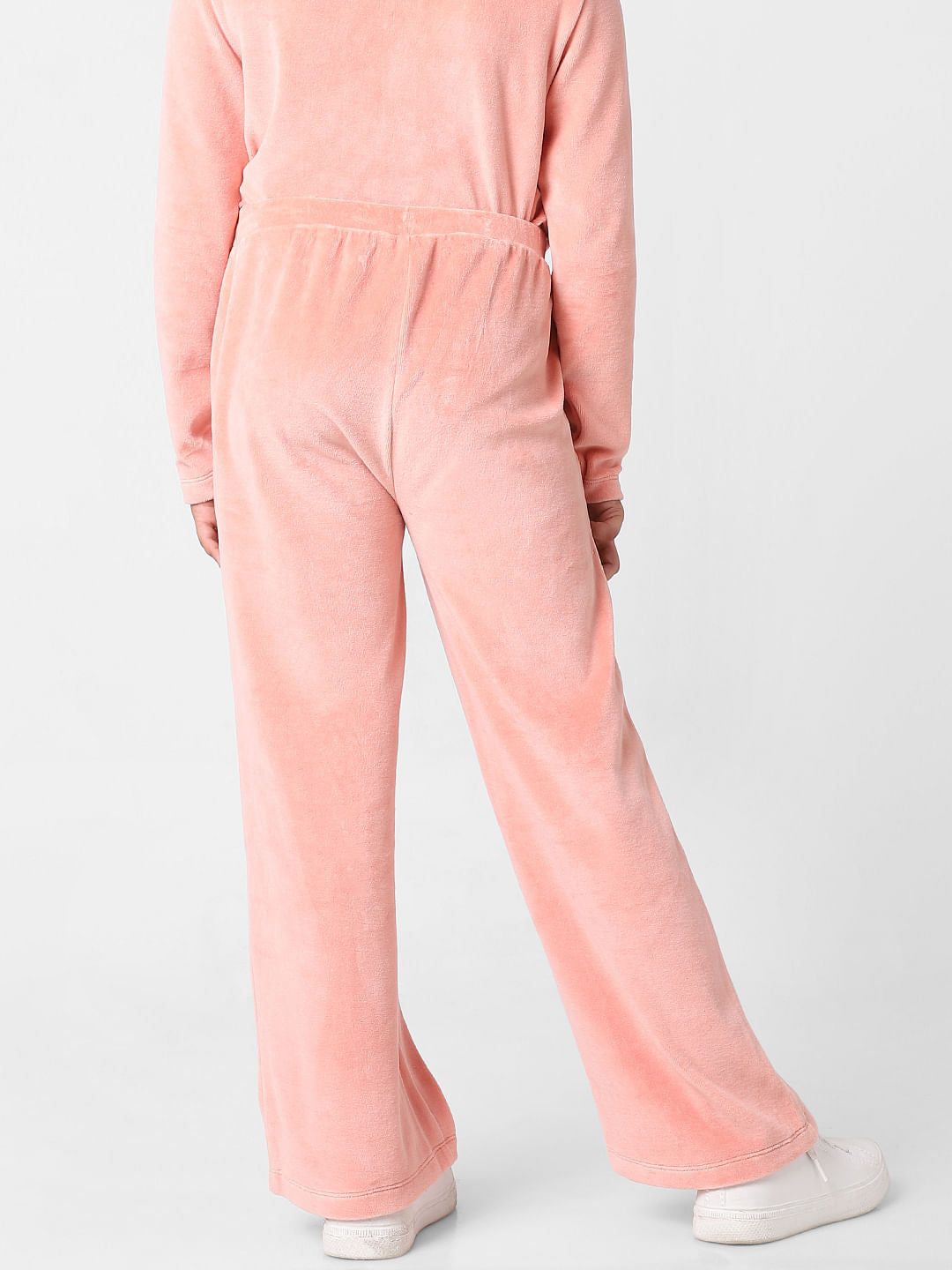 Girls Pink Mid Rise Velvet Wide Leg Co-Ord Pants