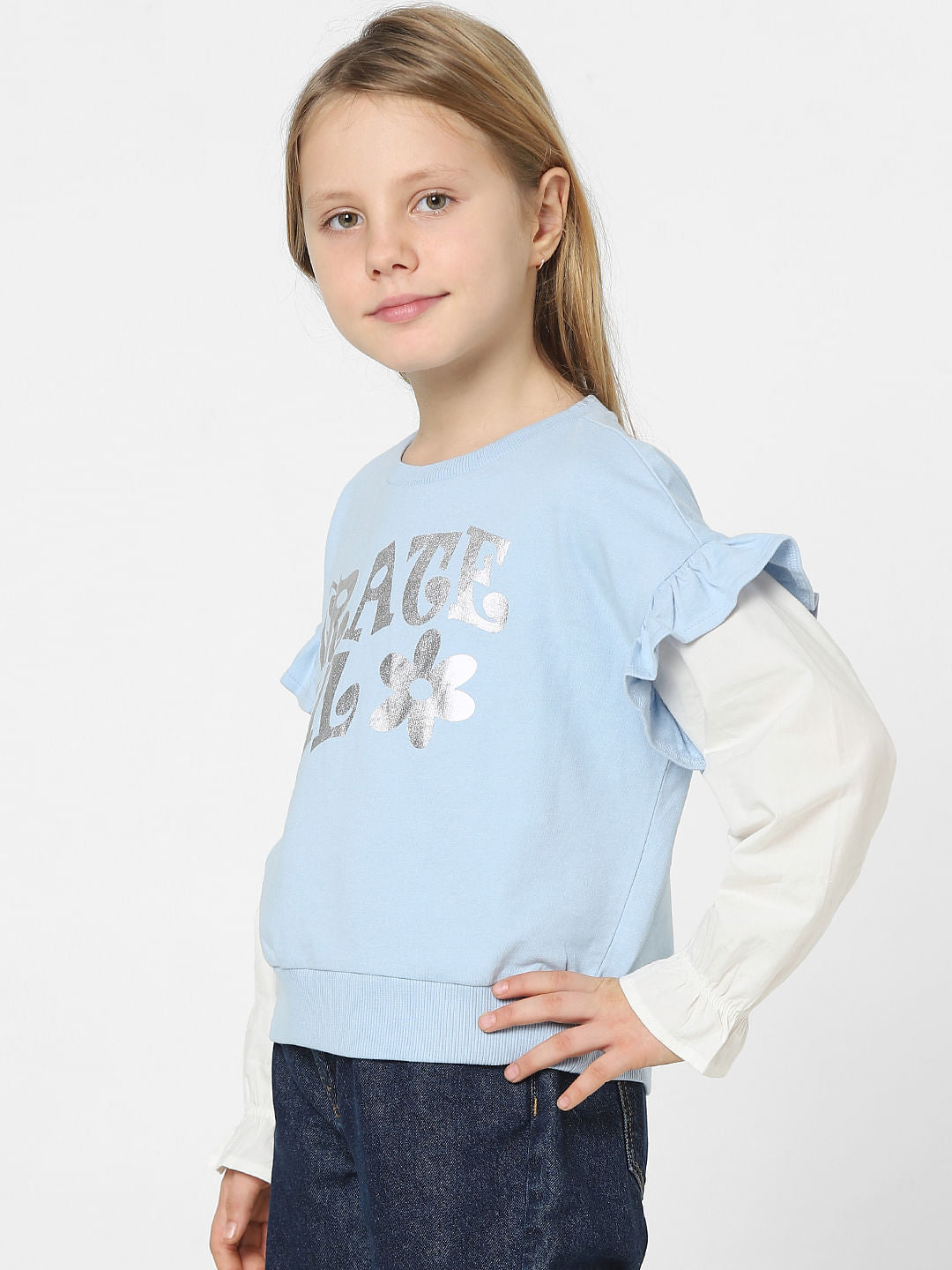 Girls Blue Foil Text Print Sweatshirt