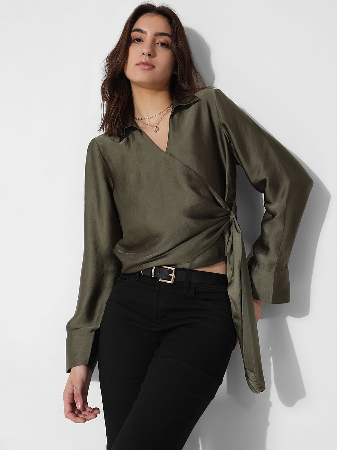 Dark Green Satin Wrap Top