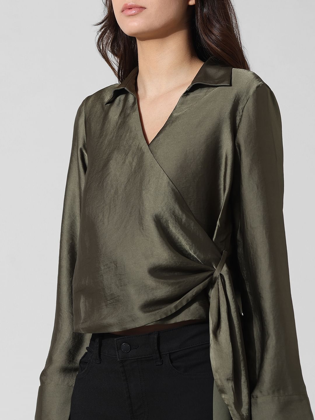 Dark Green Satin Wrap Top
