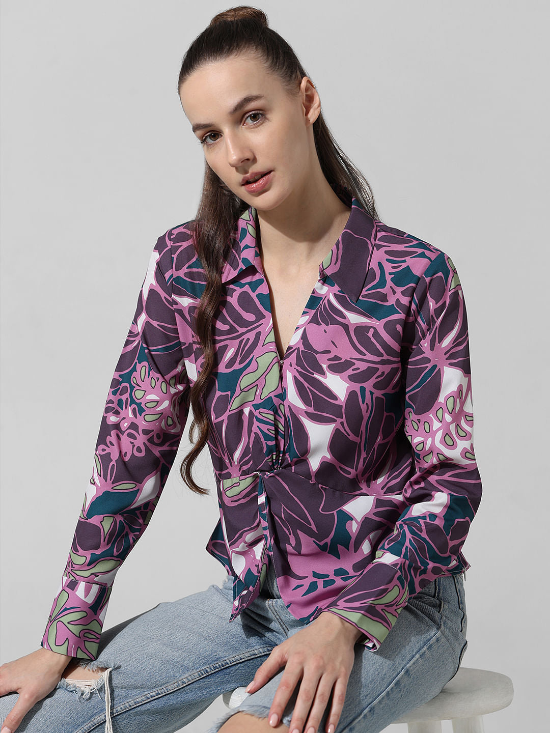 Purple Knot Detail Printed Shirt