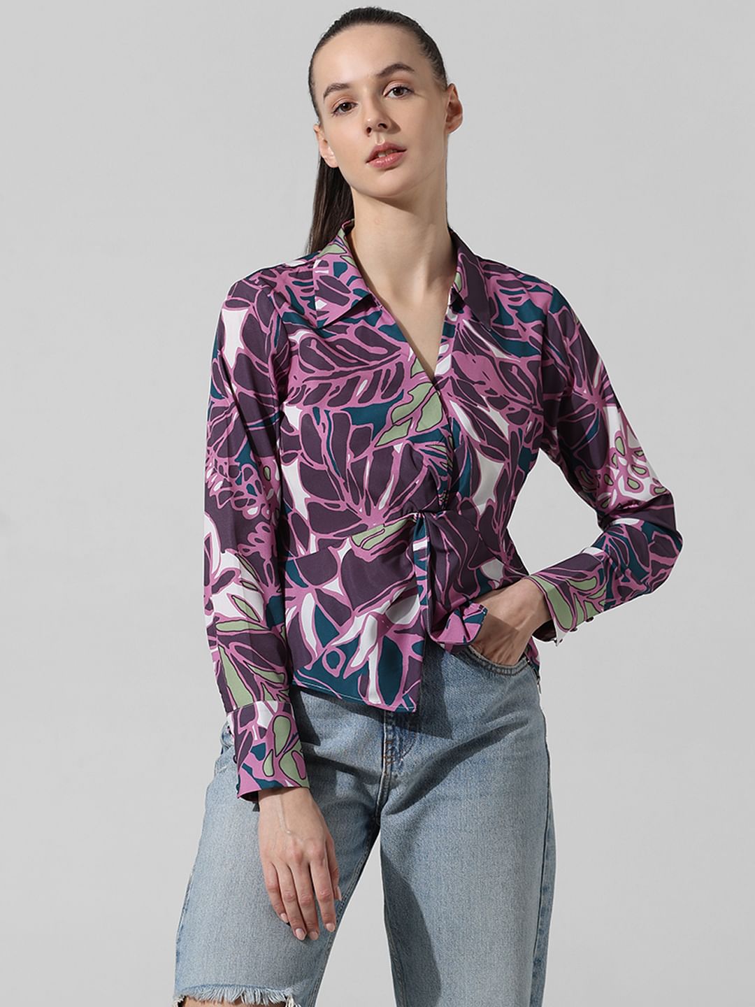 Purple Knot Detail Printed Shirt