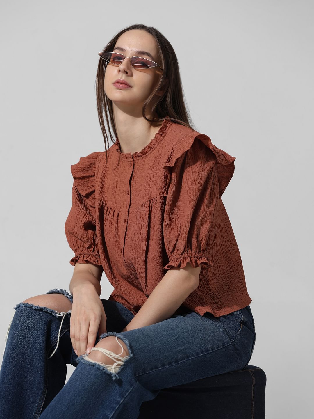 Brown Frill Trimmed Top