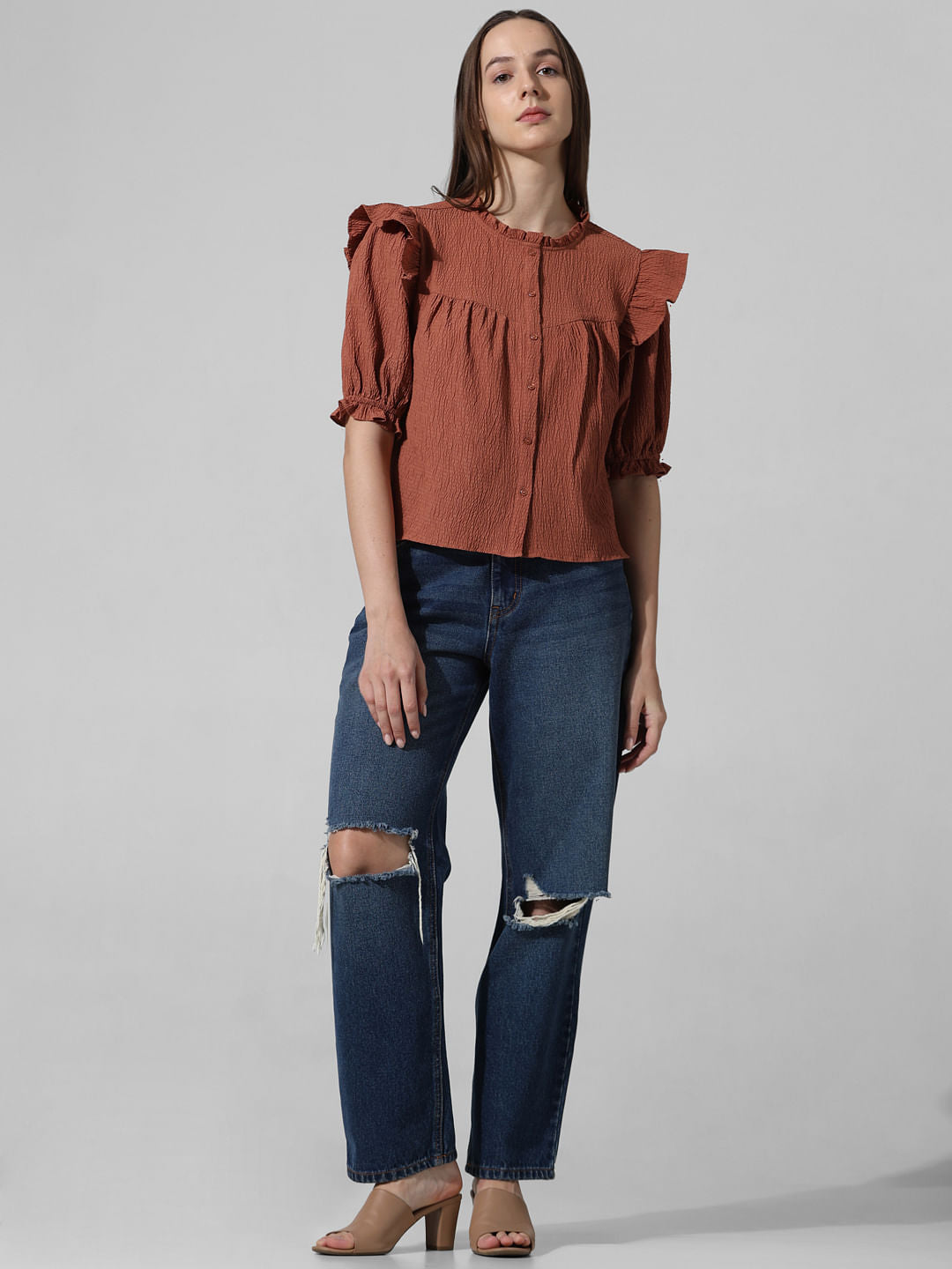 Brown Frill Trimmed Top