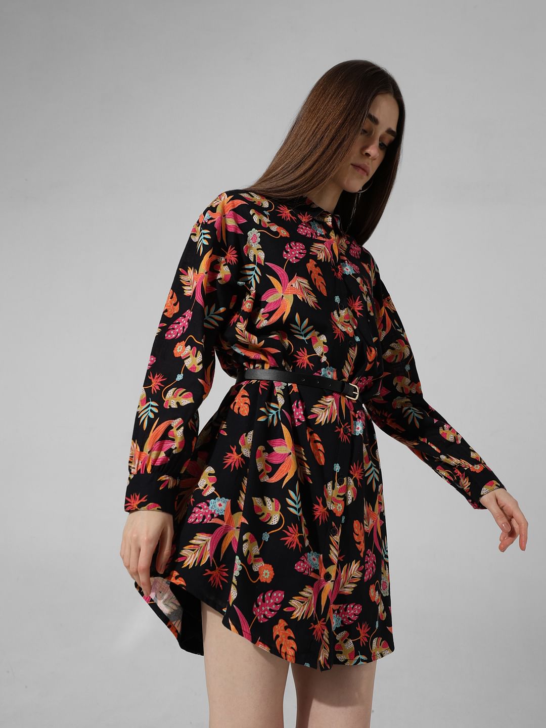 Black Printed Textured Shirt Dress