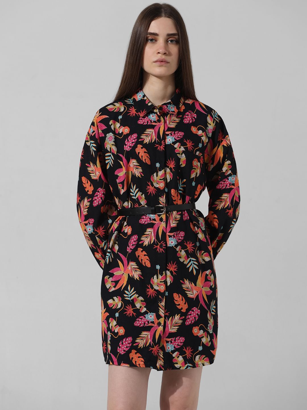 Black Printed Textured Shirt Dress