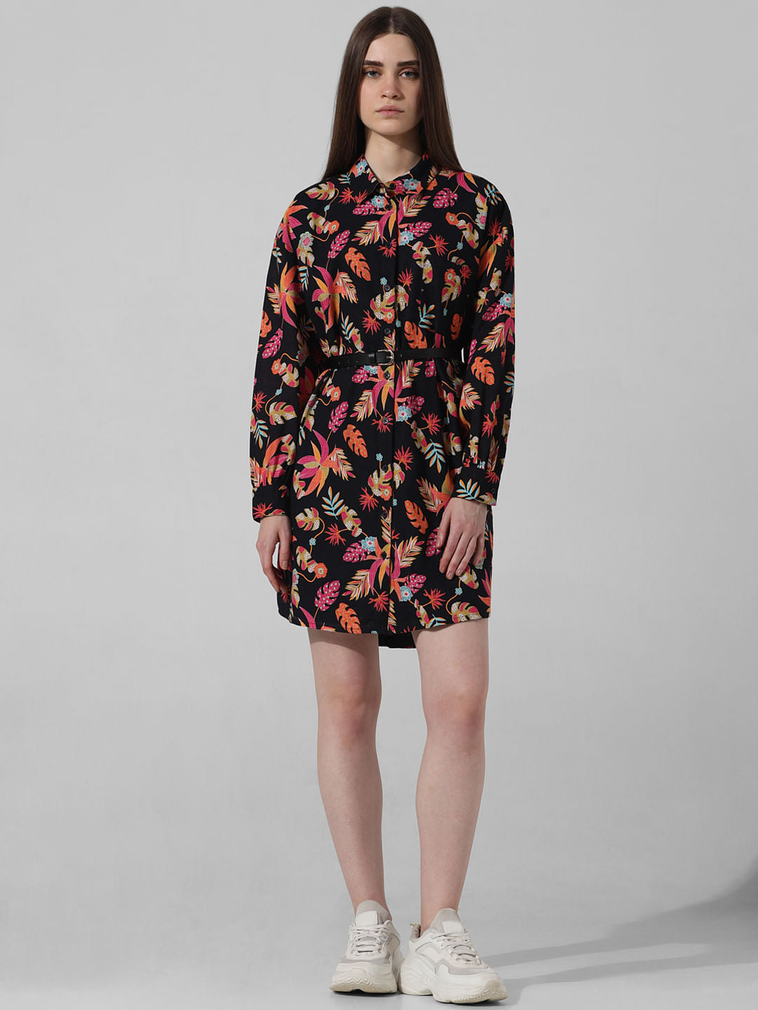 Black Printed Textured Shirt Dress