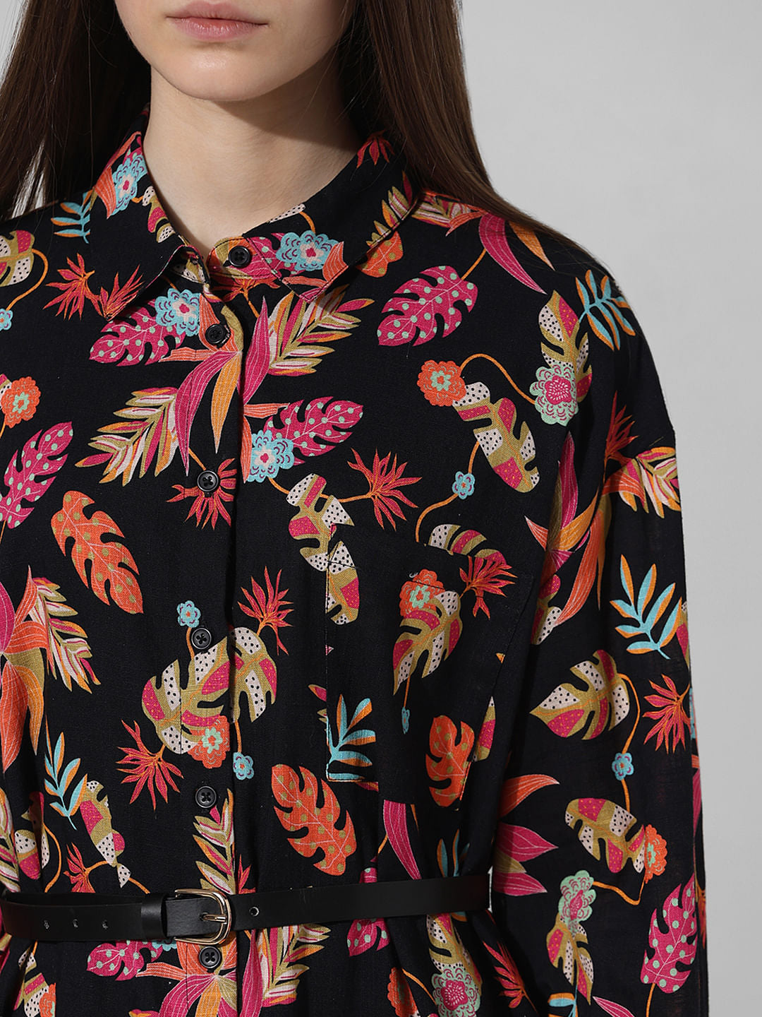 Black Printed Textured Shirt Dress