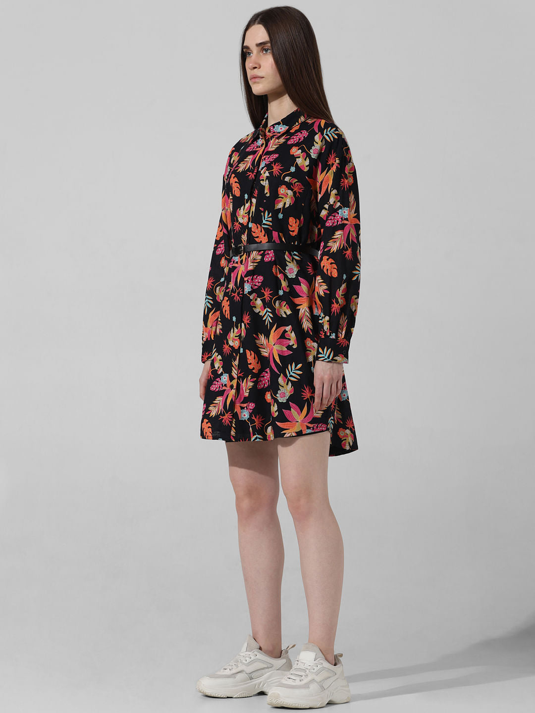 Black Printed Textured Shirt Dress