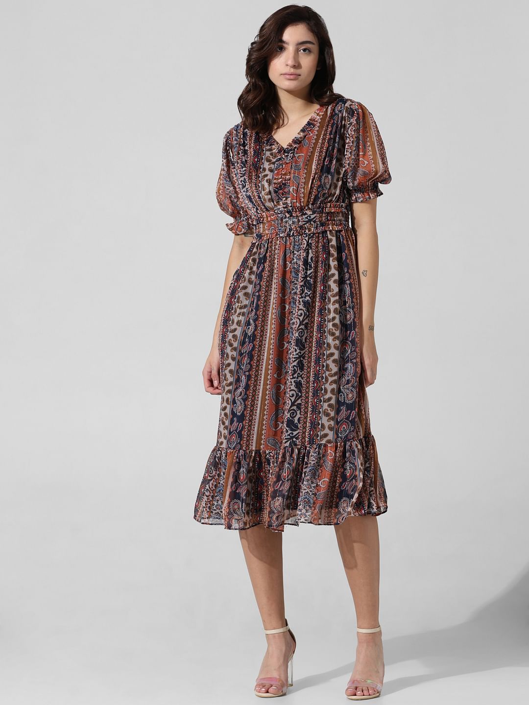 Brown Printed Midi Dress