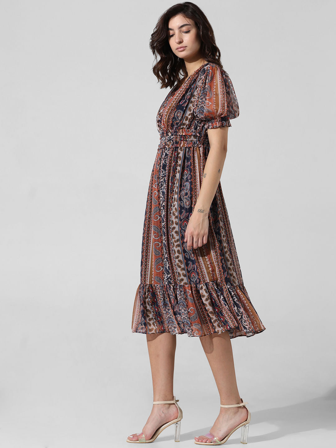 Brown Printed Midi Dress