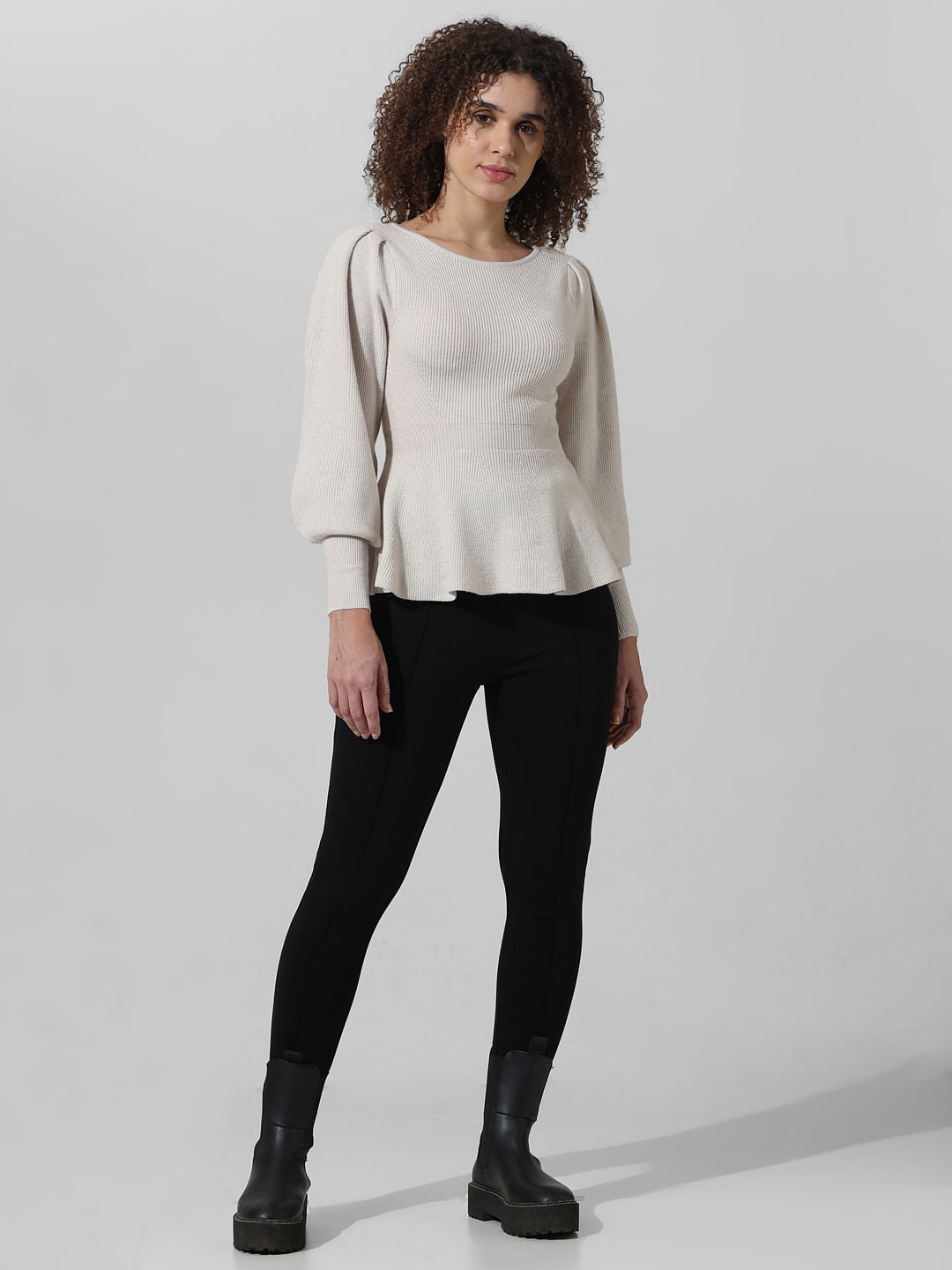 Grey Rib-Knit Peplum Pullover