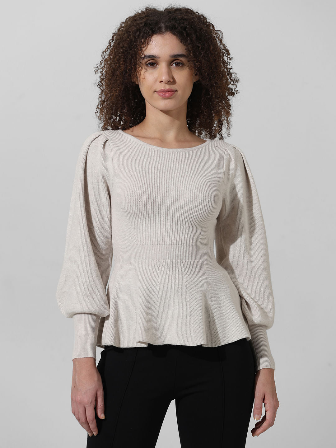 Grey Rib-Knit Peplum Pullover
