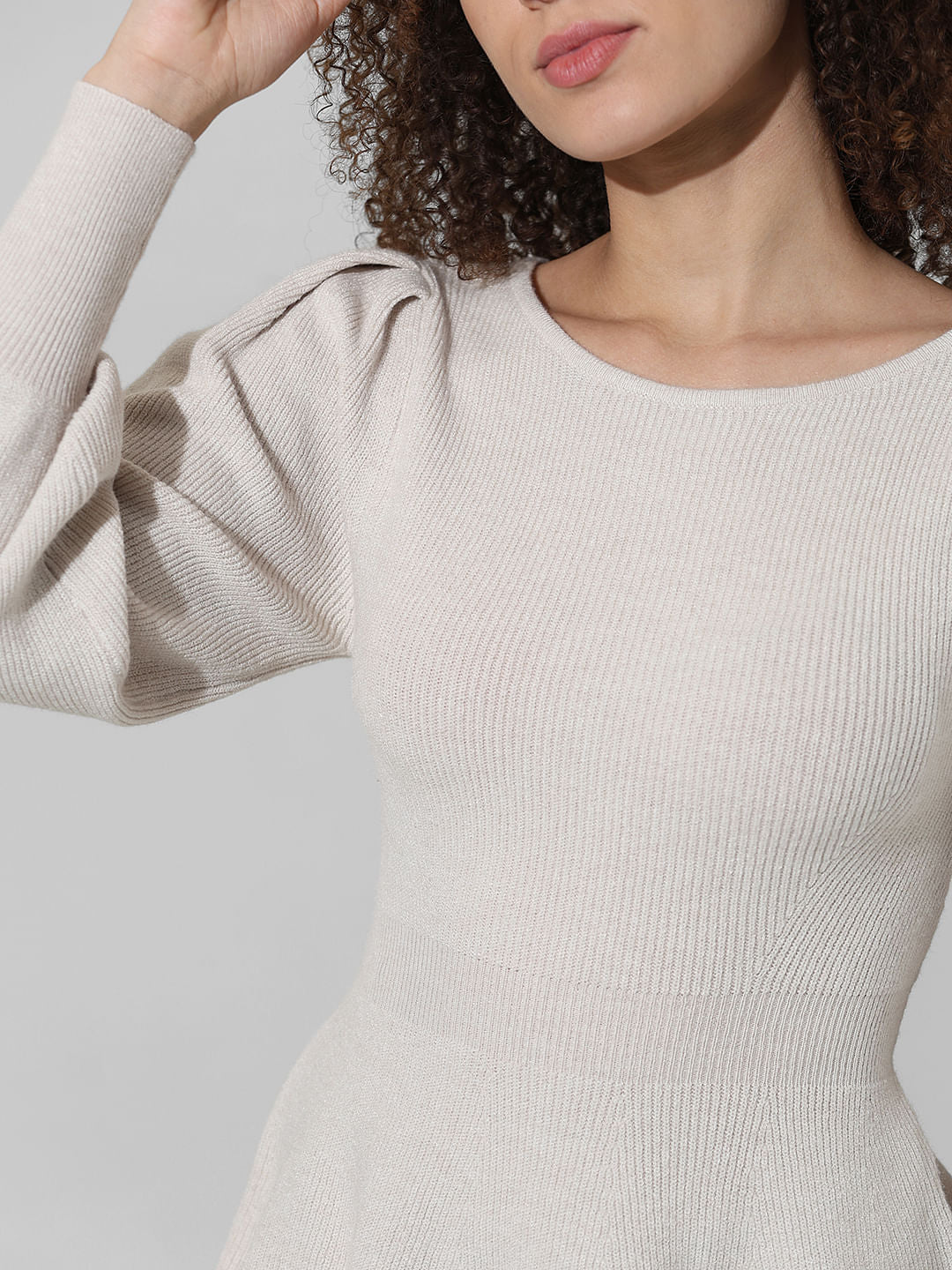 Grey Rib-Knit Peplum Pullover