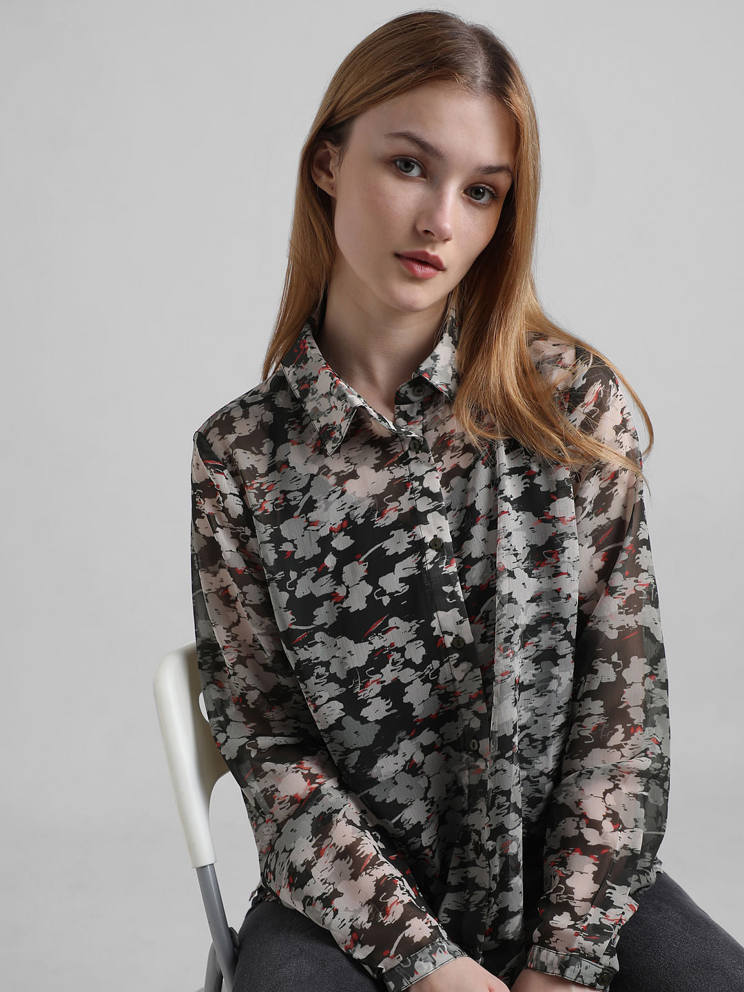 Black Chiffon Printed Shirt