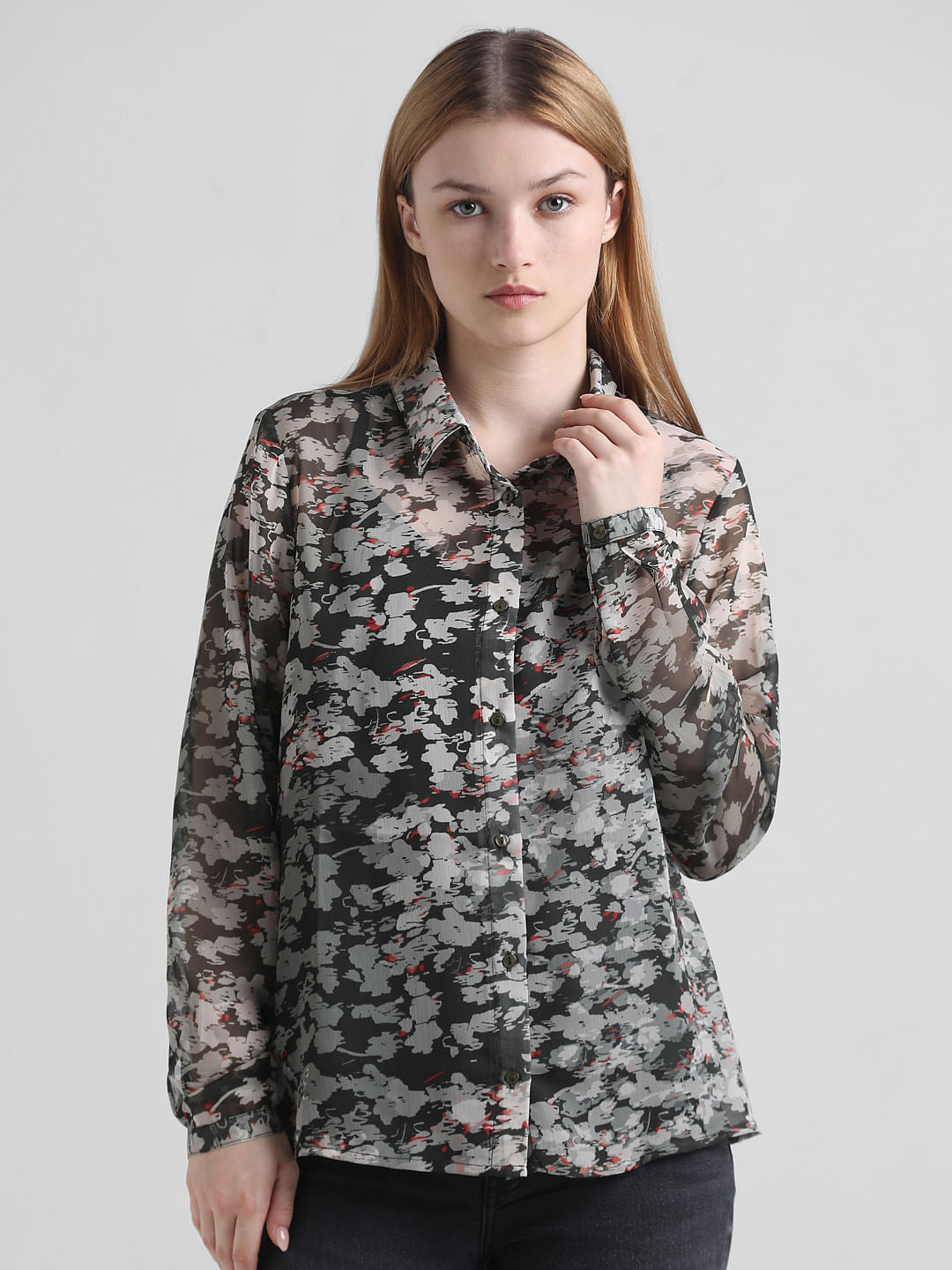 Black Chiffon Printed Shirt