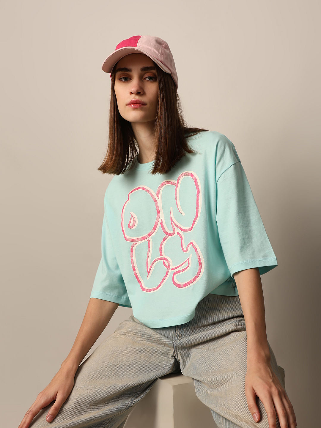 Light Bue Logo Text Boxy T-Shirt