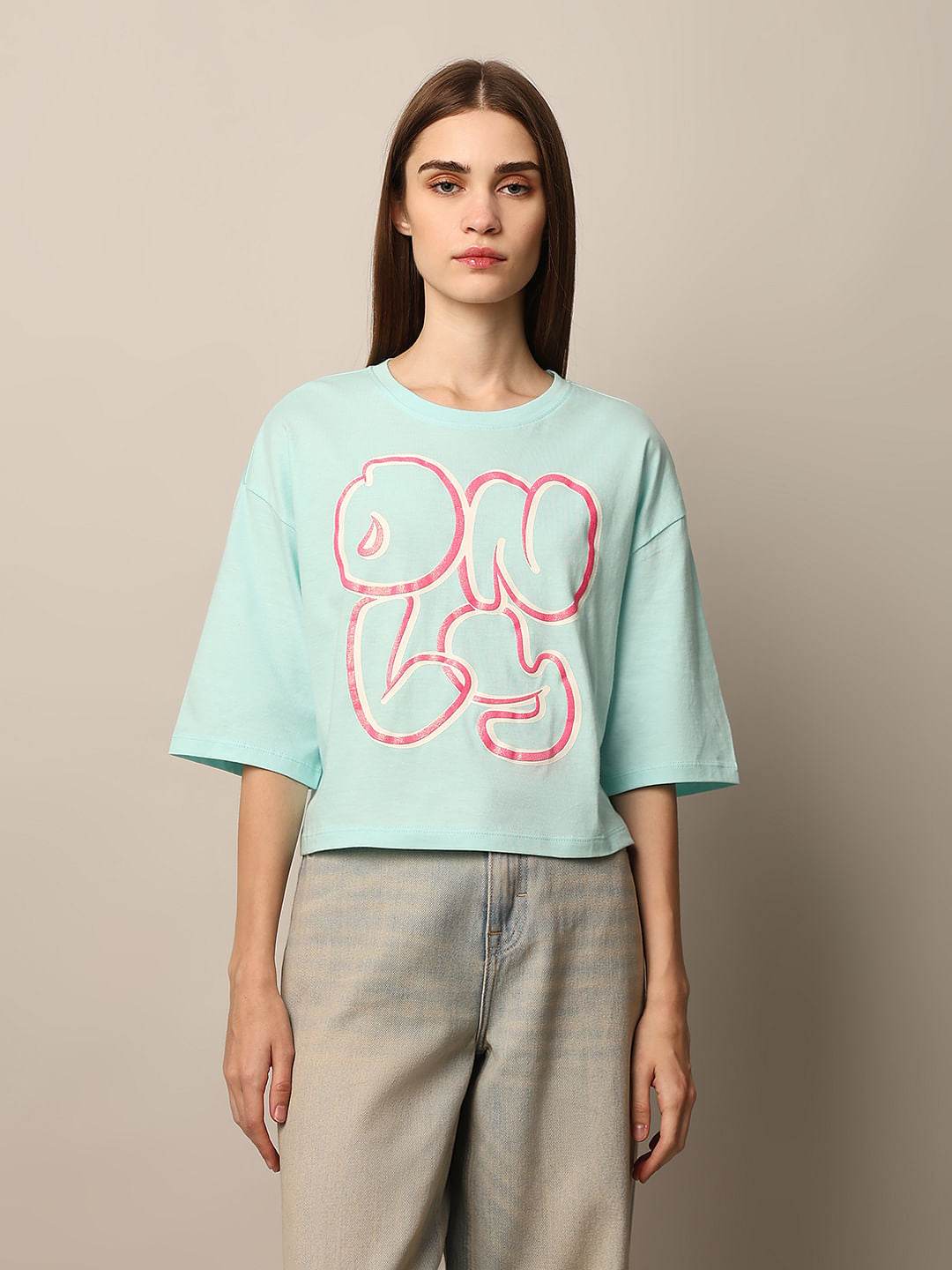 Light Bue Logo Text Boxy T-Shirt