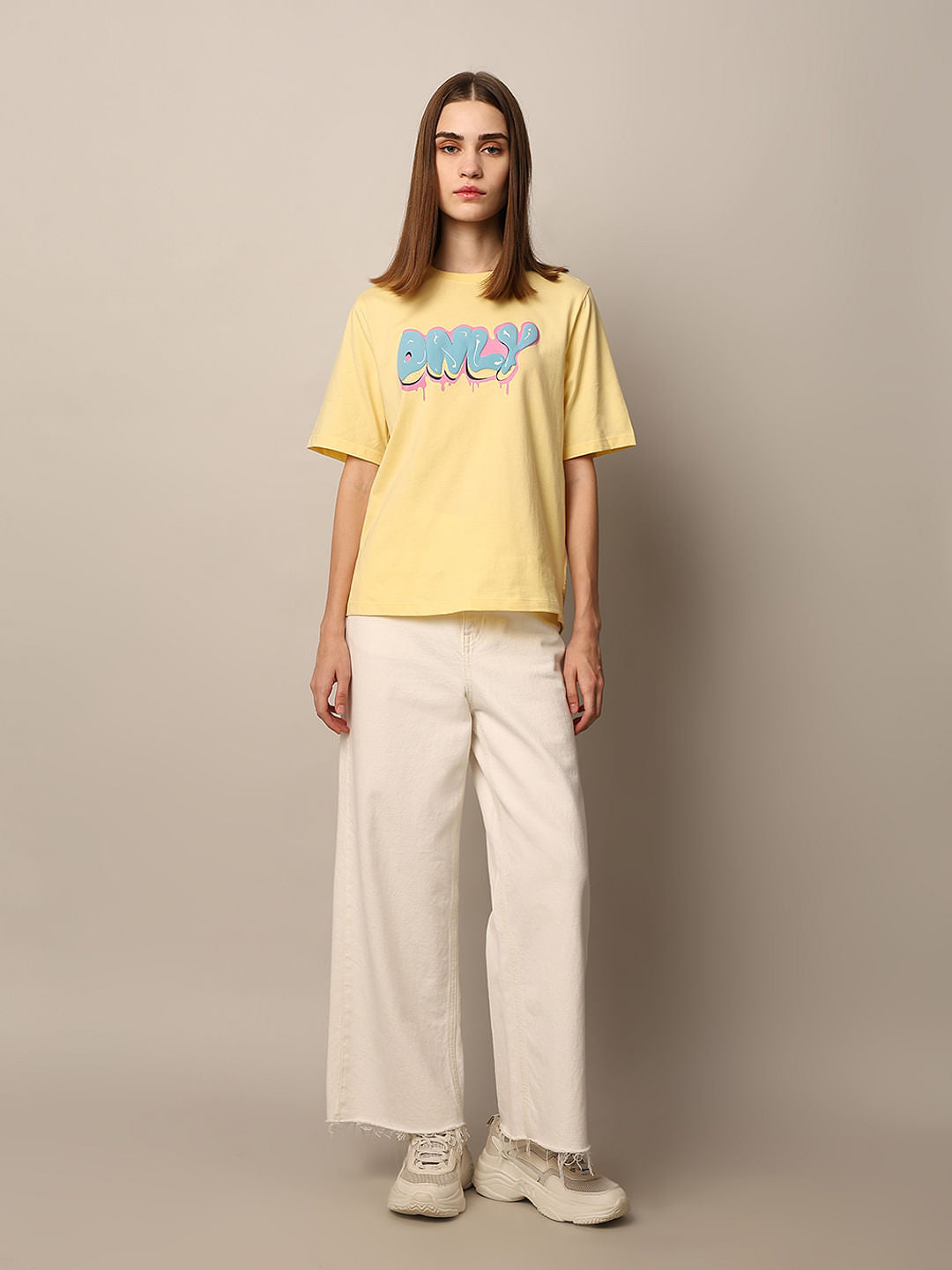 Pale Yellow Logo Print Cotton T-Shirt