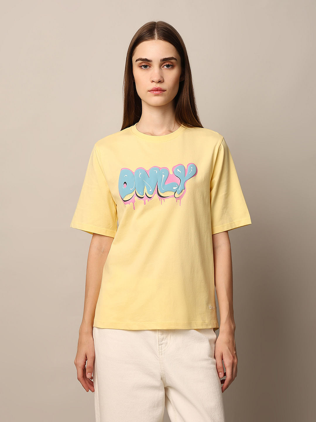 Pale Yellow Logo Print Cotton T-Shirt
