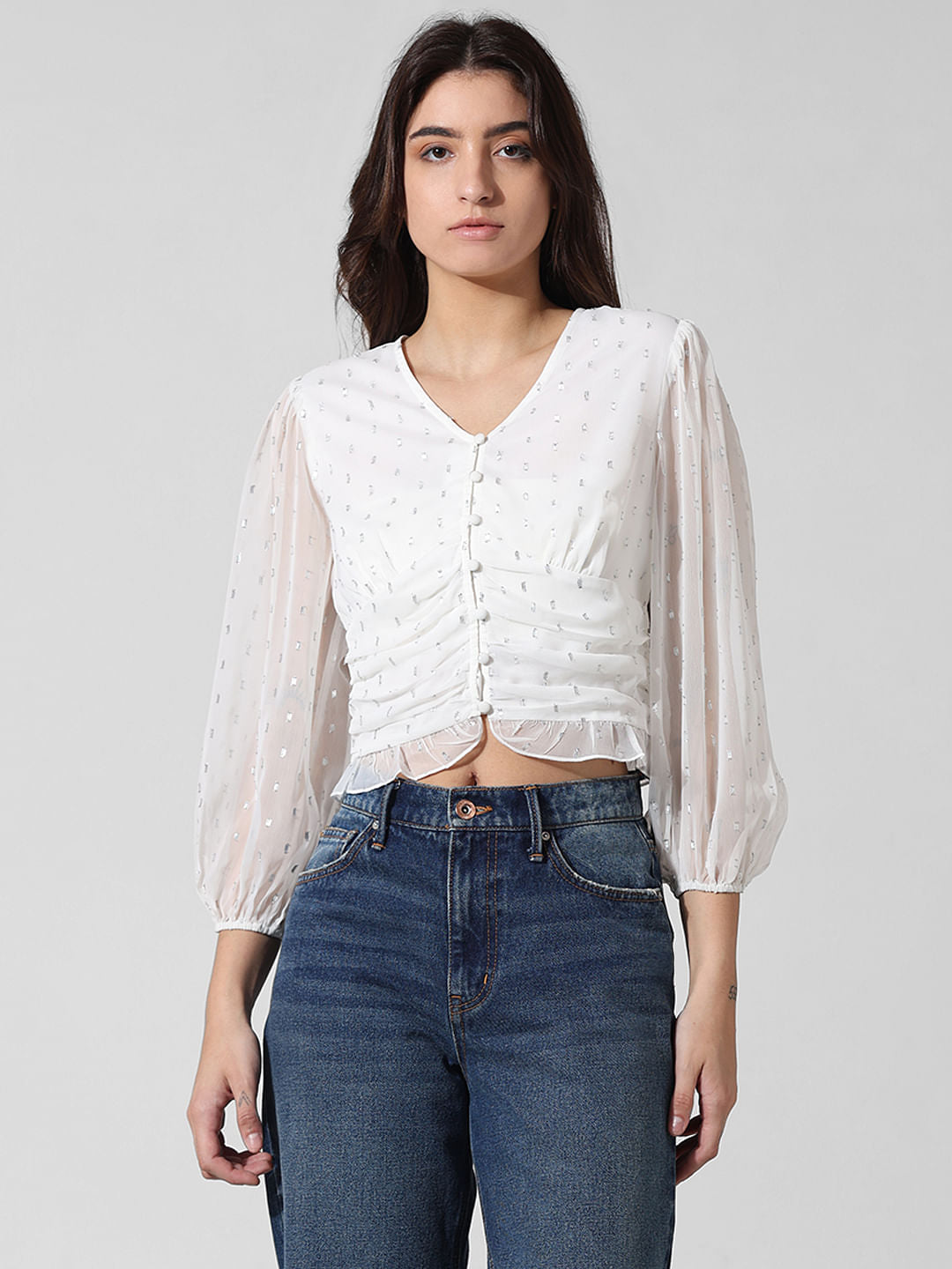 White Cropped V-Neck Top