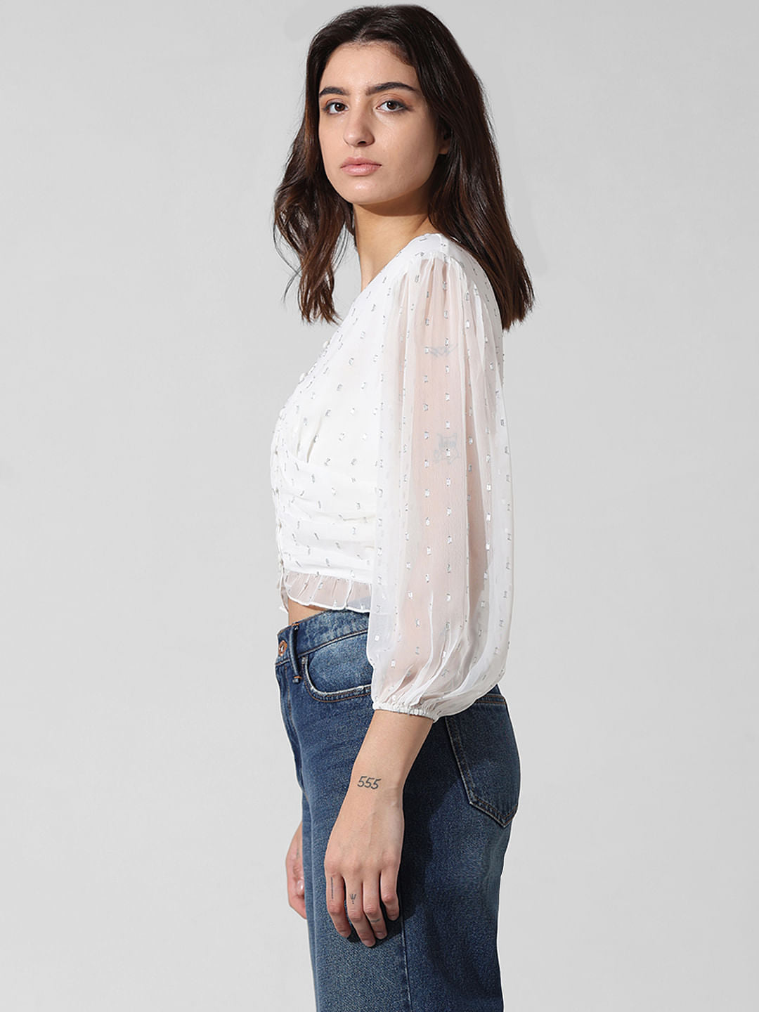 White Cropped V-Neck Top