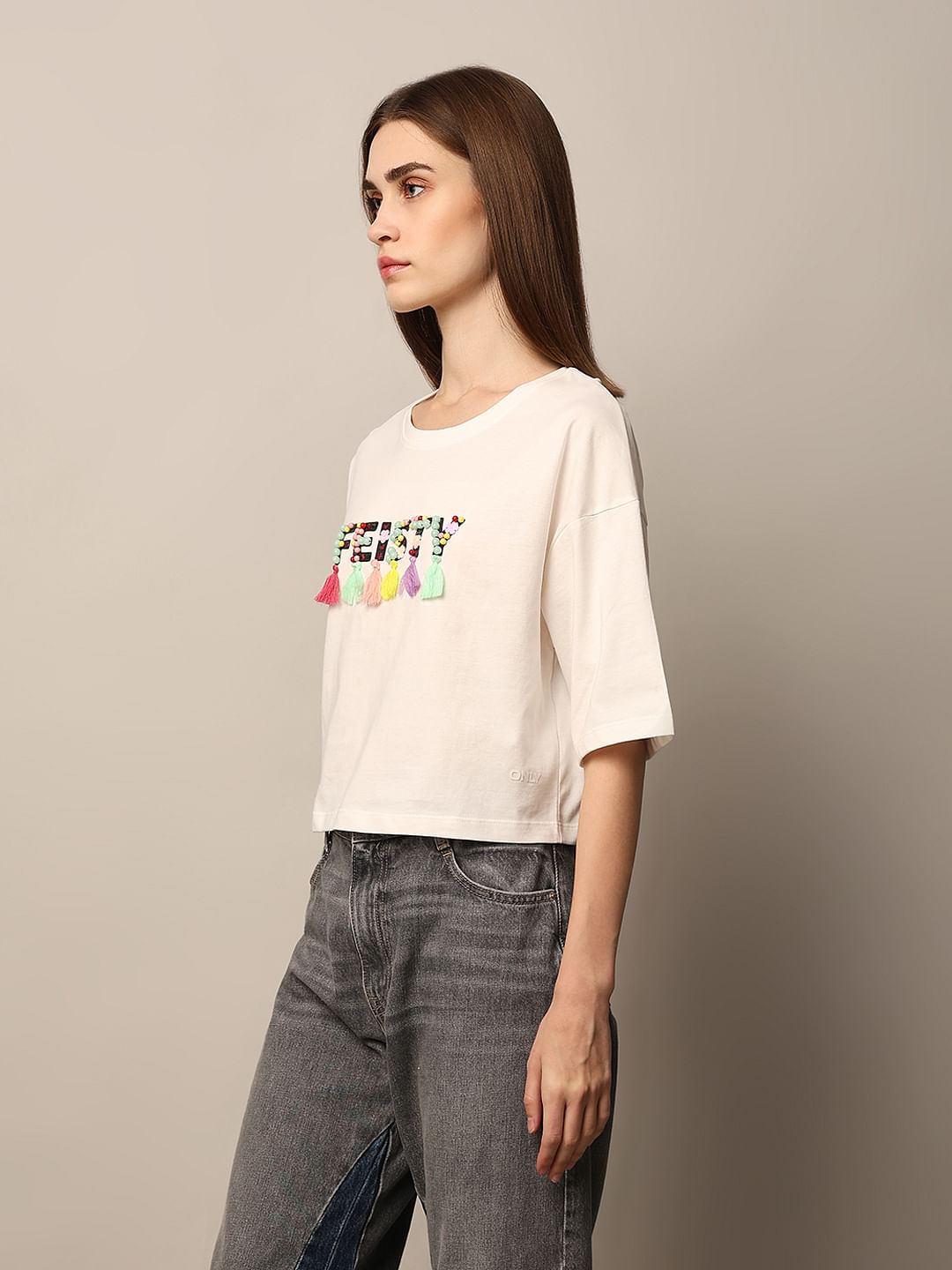 White Bead Decorated Cotton T-Shirt