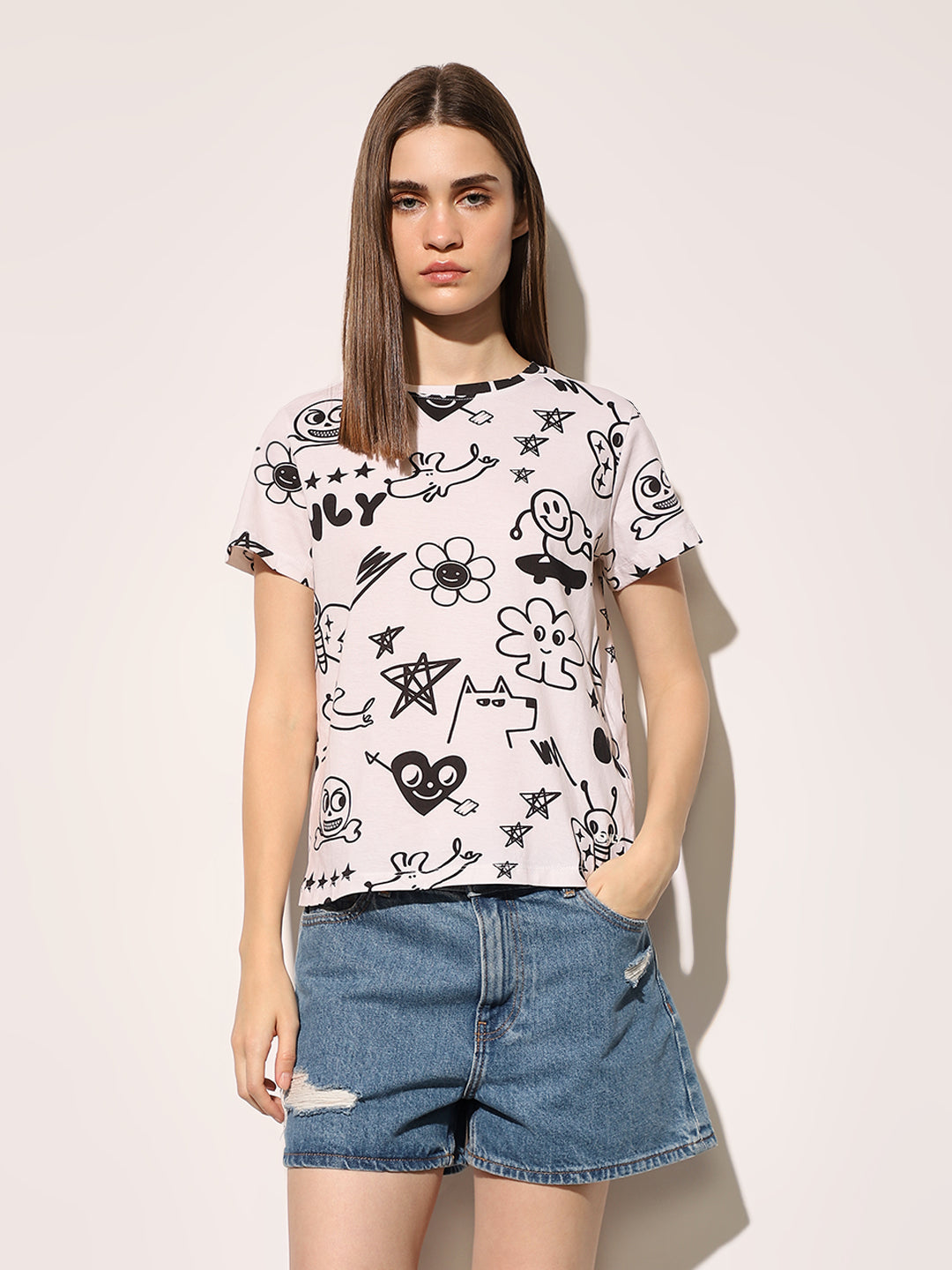 White Cotton Printed T-shirt