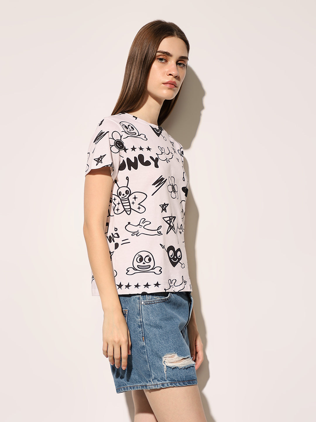 White Cotton Printed T-shirt
