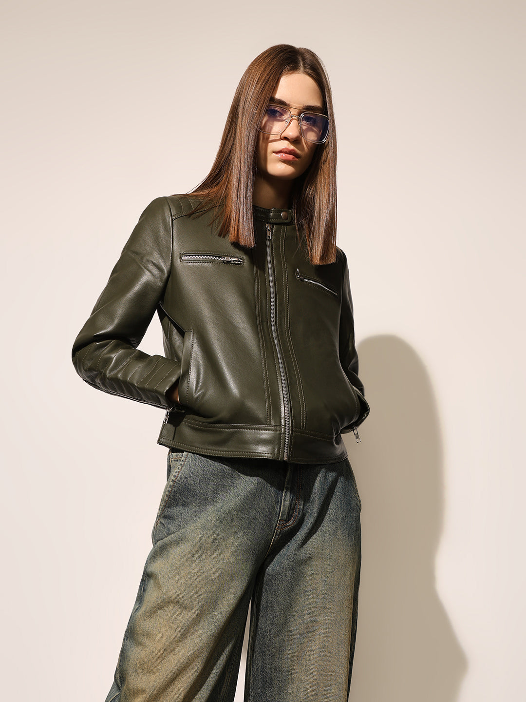 Dark Green Faux Leather Biker Jacket