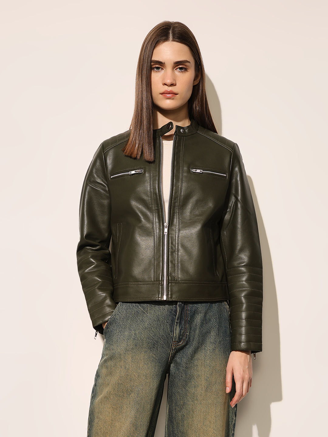 Dark Green Faux Leather Biker Jacket