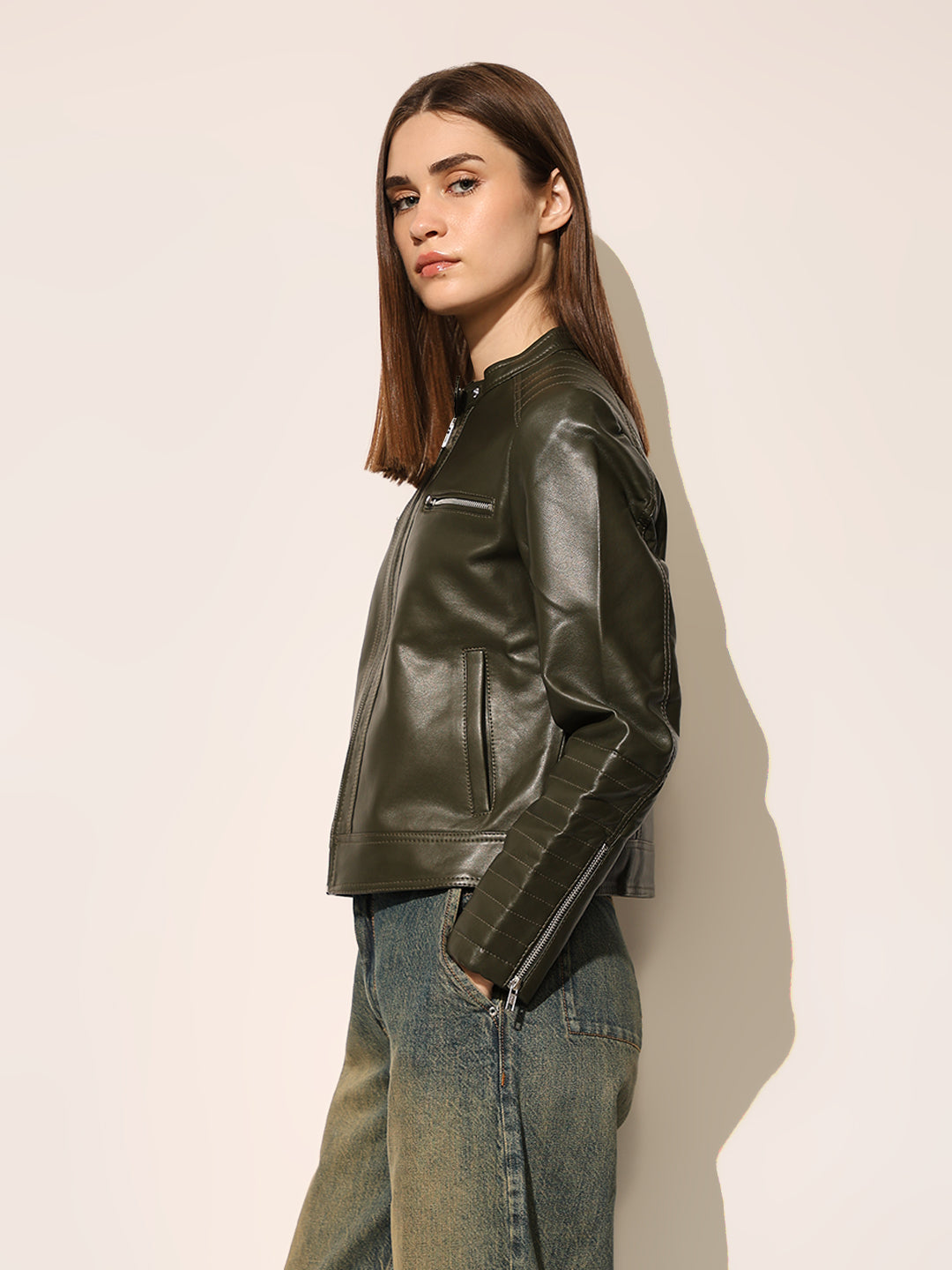Dark Green Faux Leather Biker Jacket