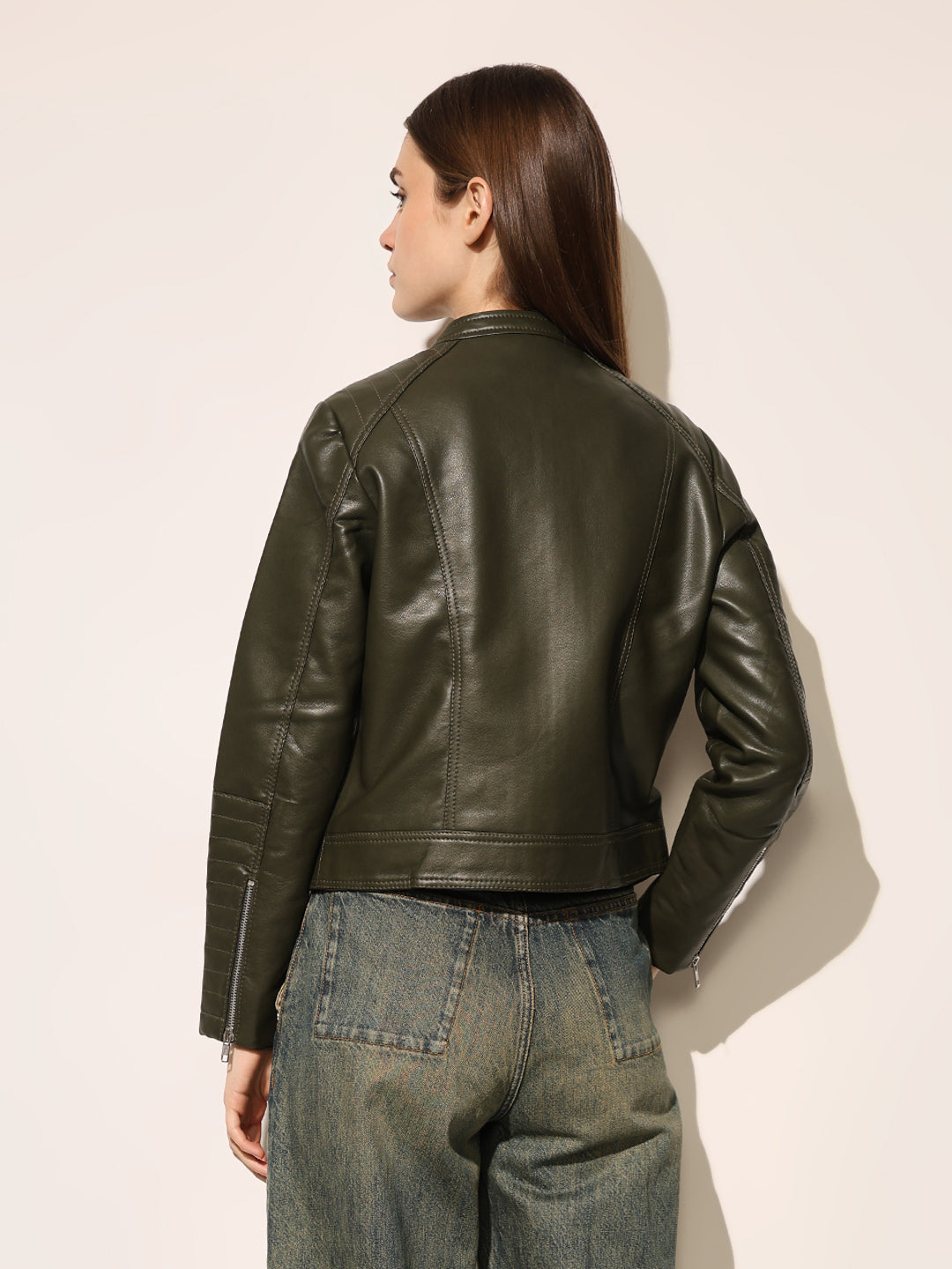 Dark Green Faux Leather Biker Jacket