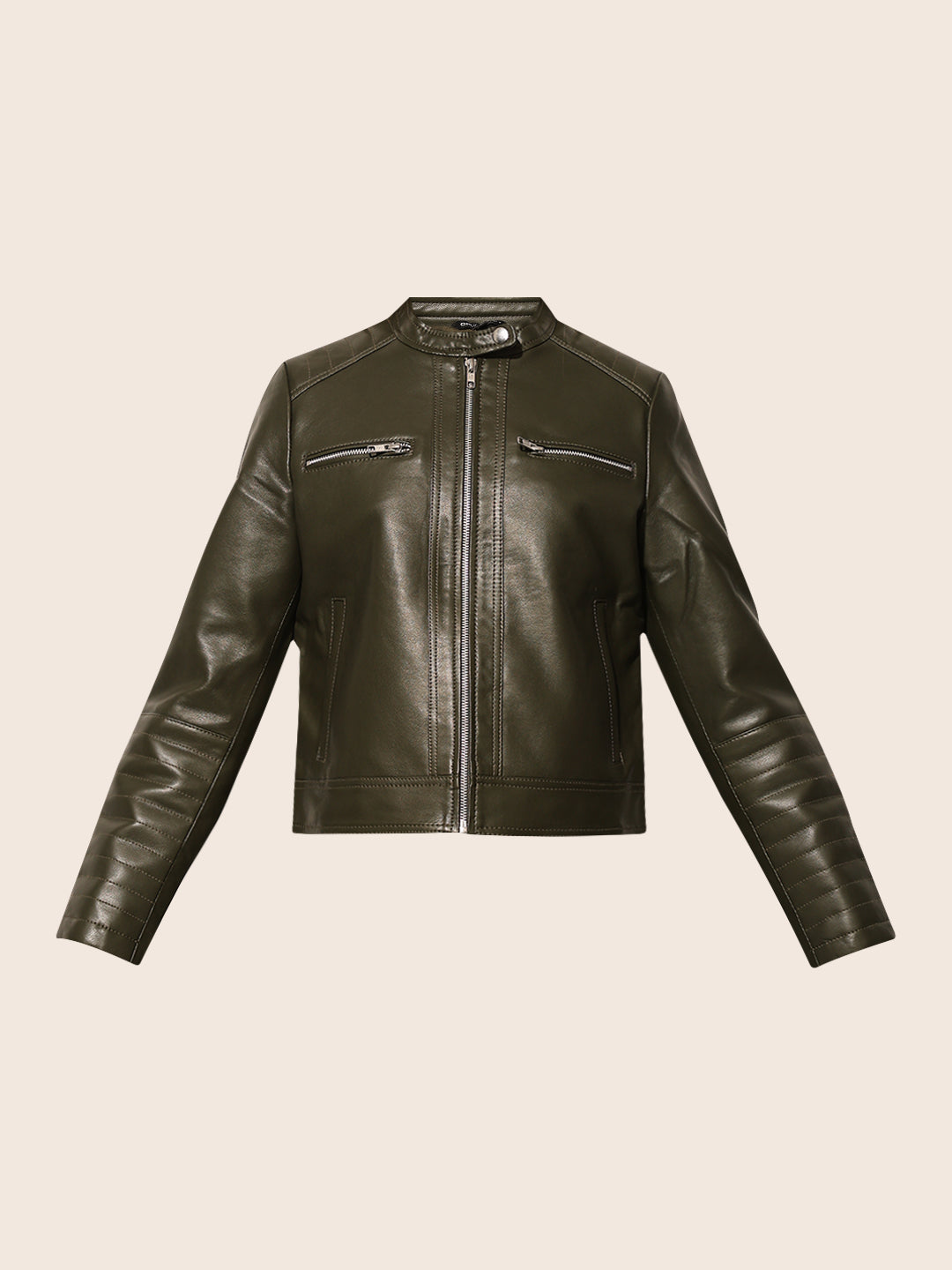 Dark Green Faux Leather Biker Jacket