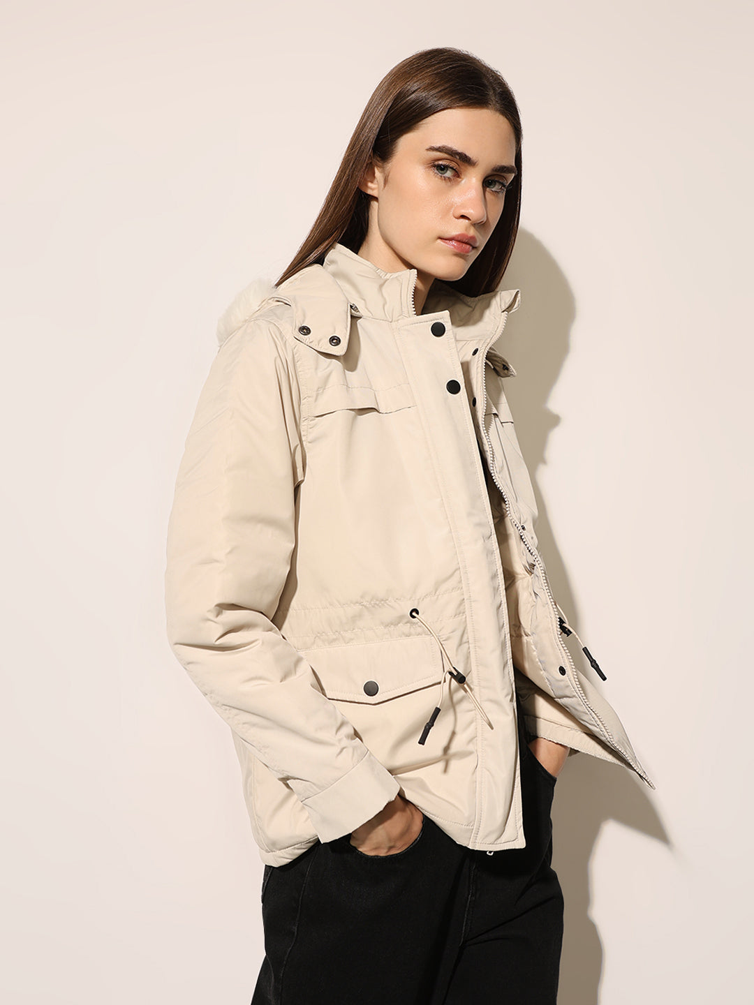Cream Faux Fur Hooded Jacket