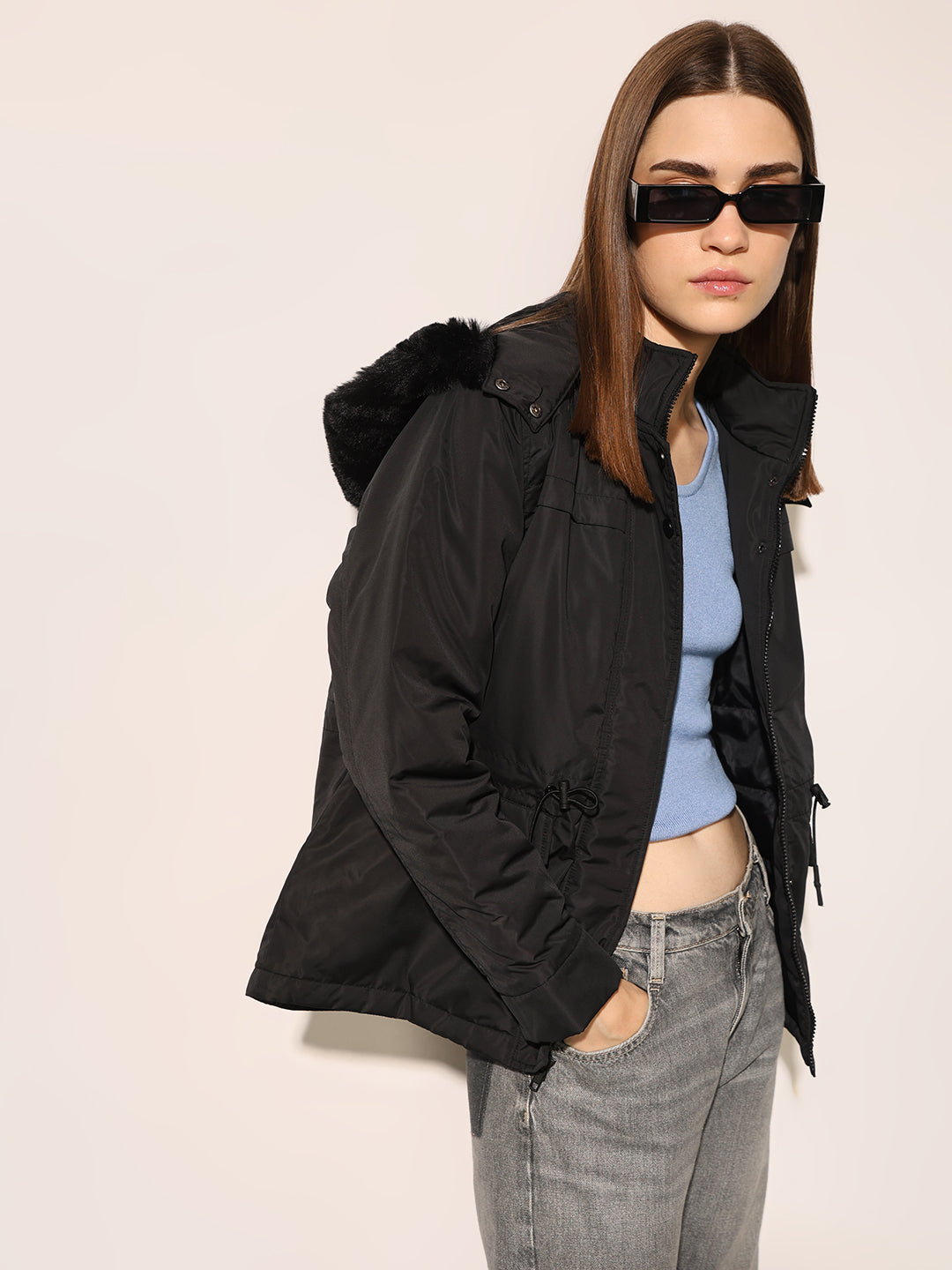 Black Faux Fur Hooded Jacket