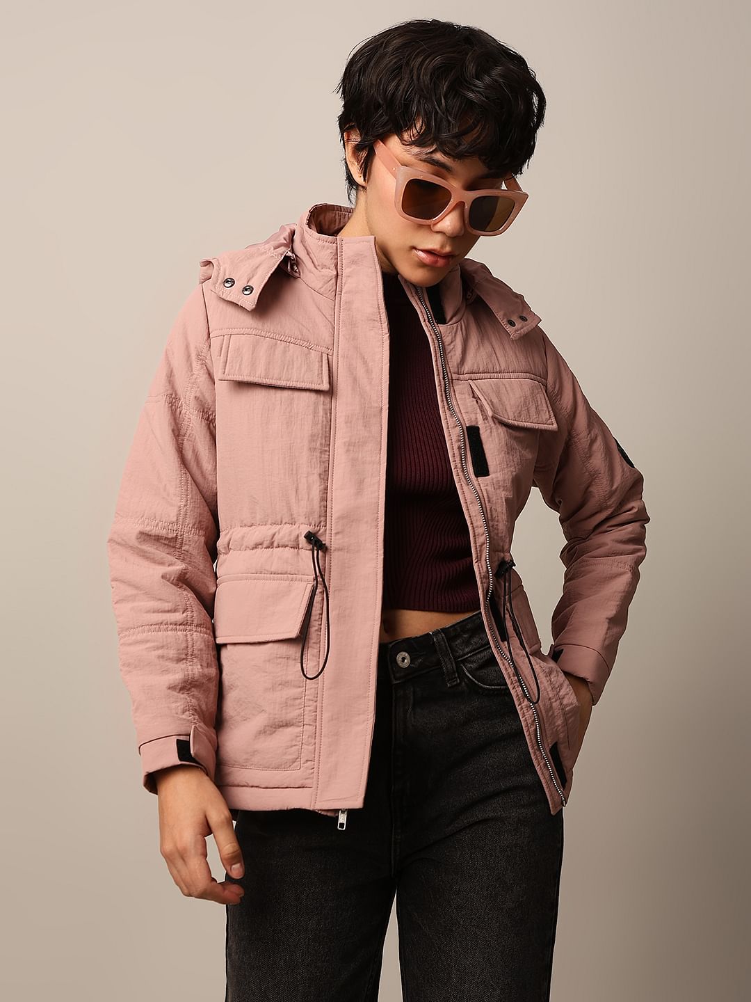 Pink Nylon Hooded Puffer Jacket