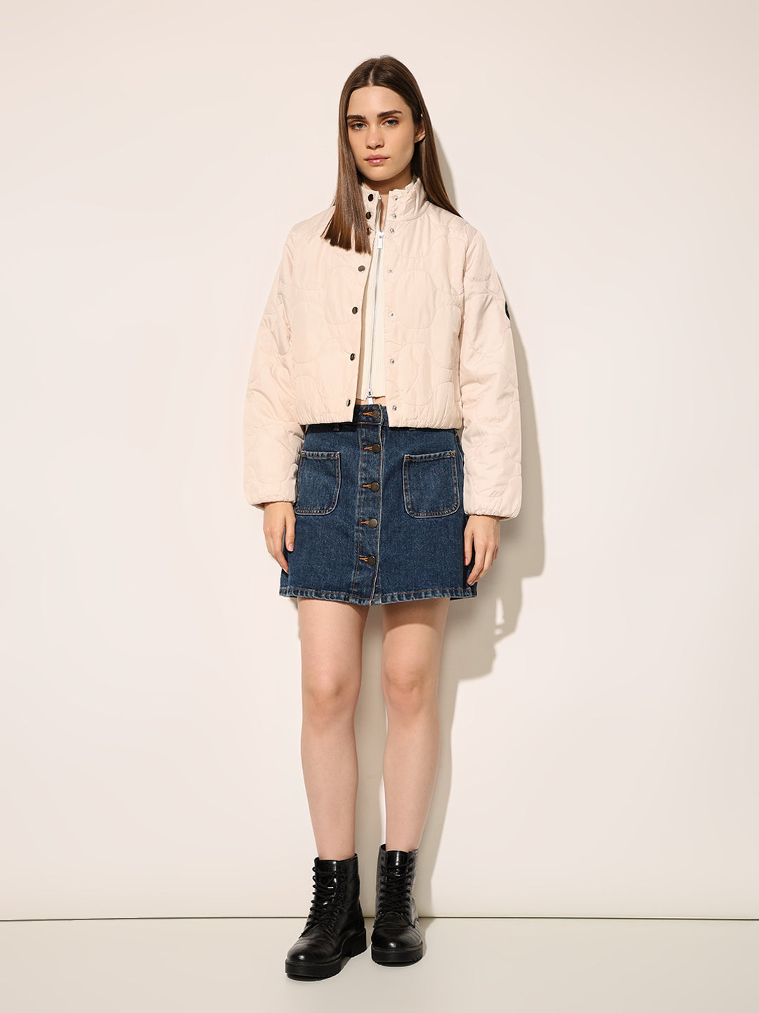 Beige Quilted Cropped Jacket