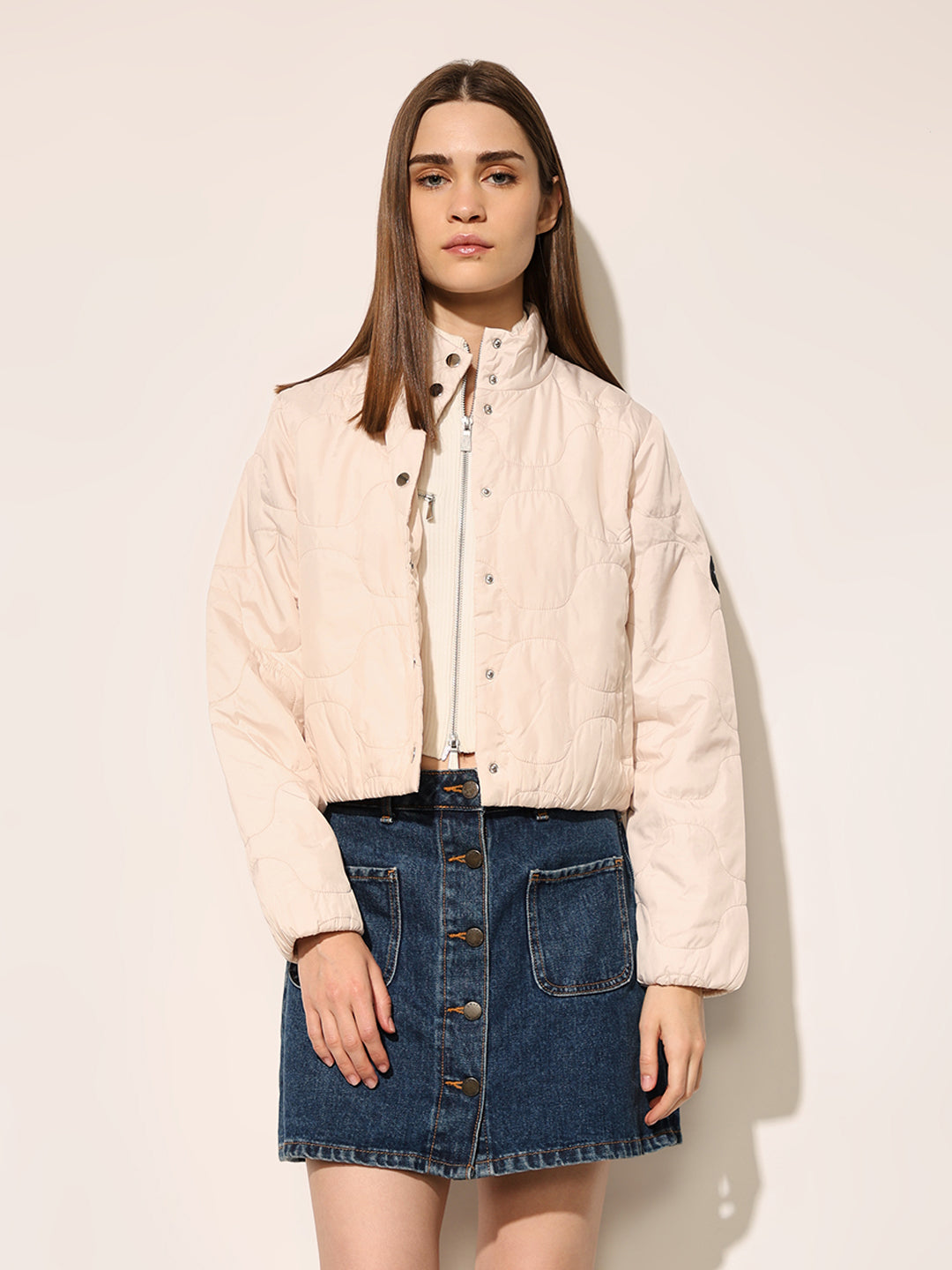 Beige Quilted Cropped Jacket