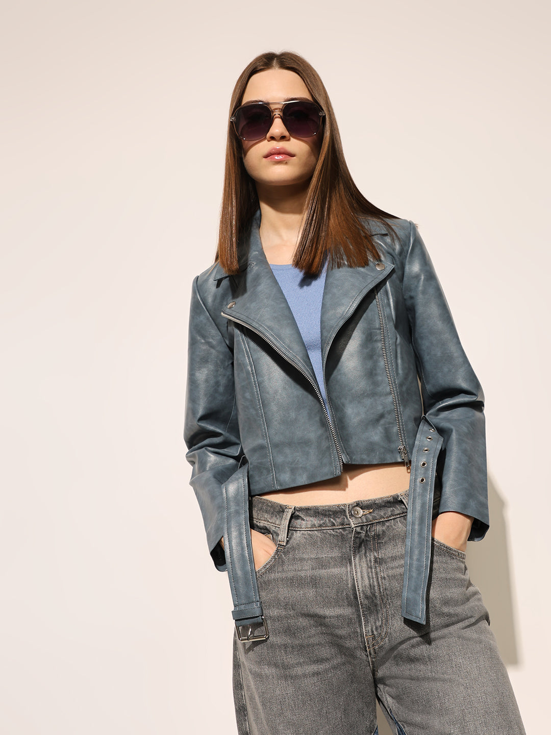 Blue Faux Leather Biker Jacket
