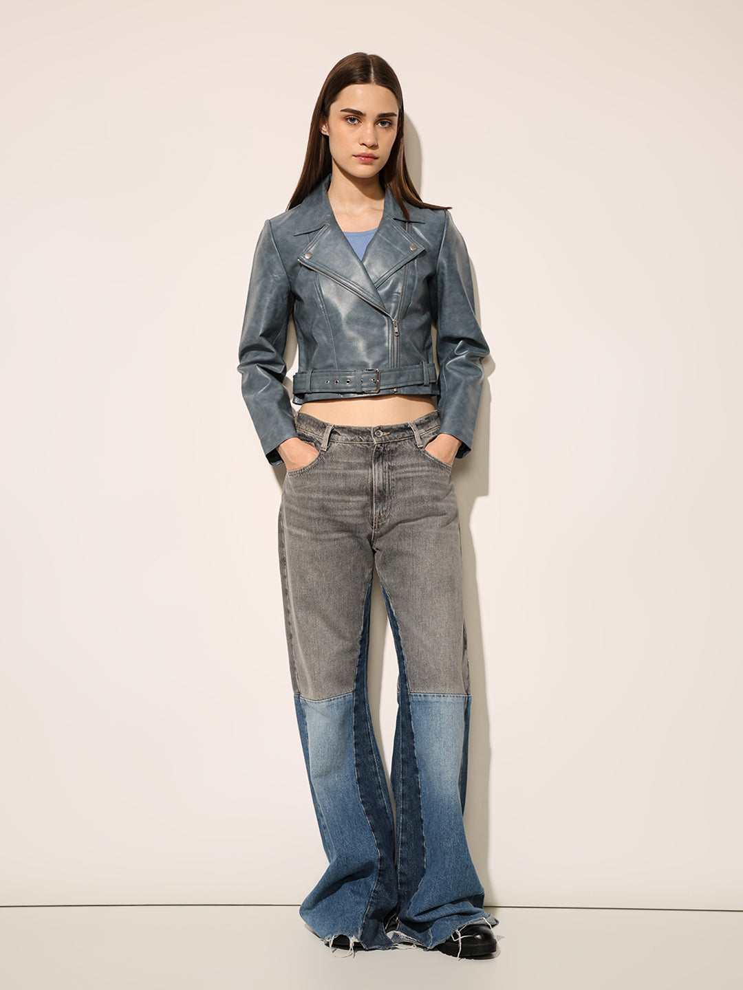 Blue Faux Leather Biker Jacket