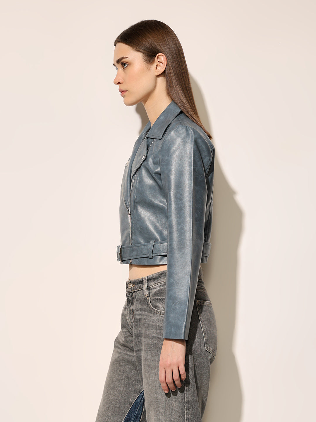 Blue Faux Leather Biker Jacket