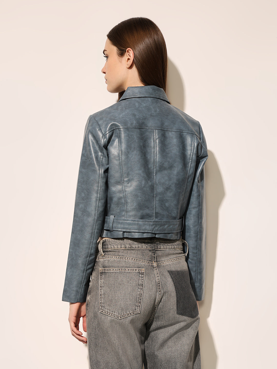 Blue Faux Leather Biker Jacket