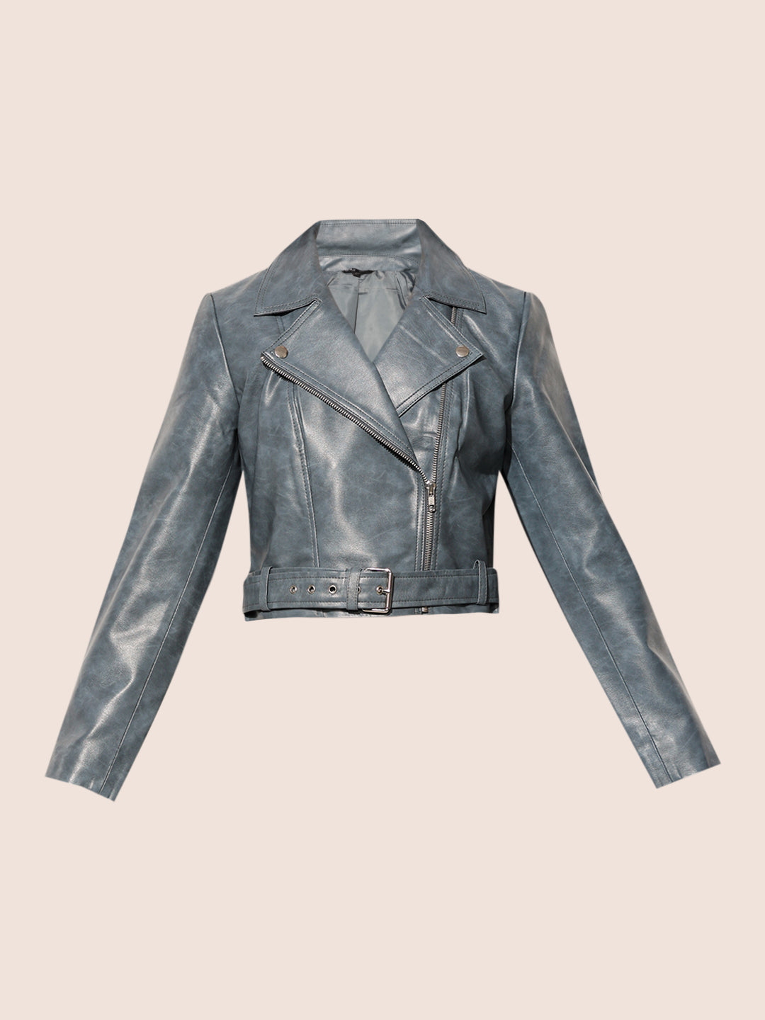 Blue Faux Leather Biker Jacket